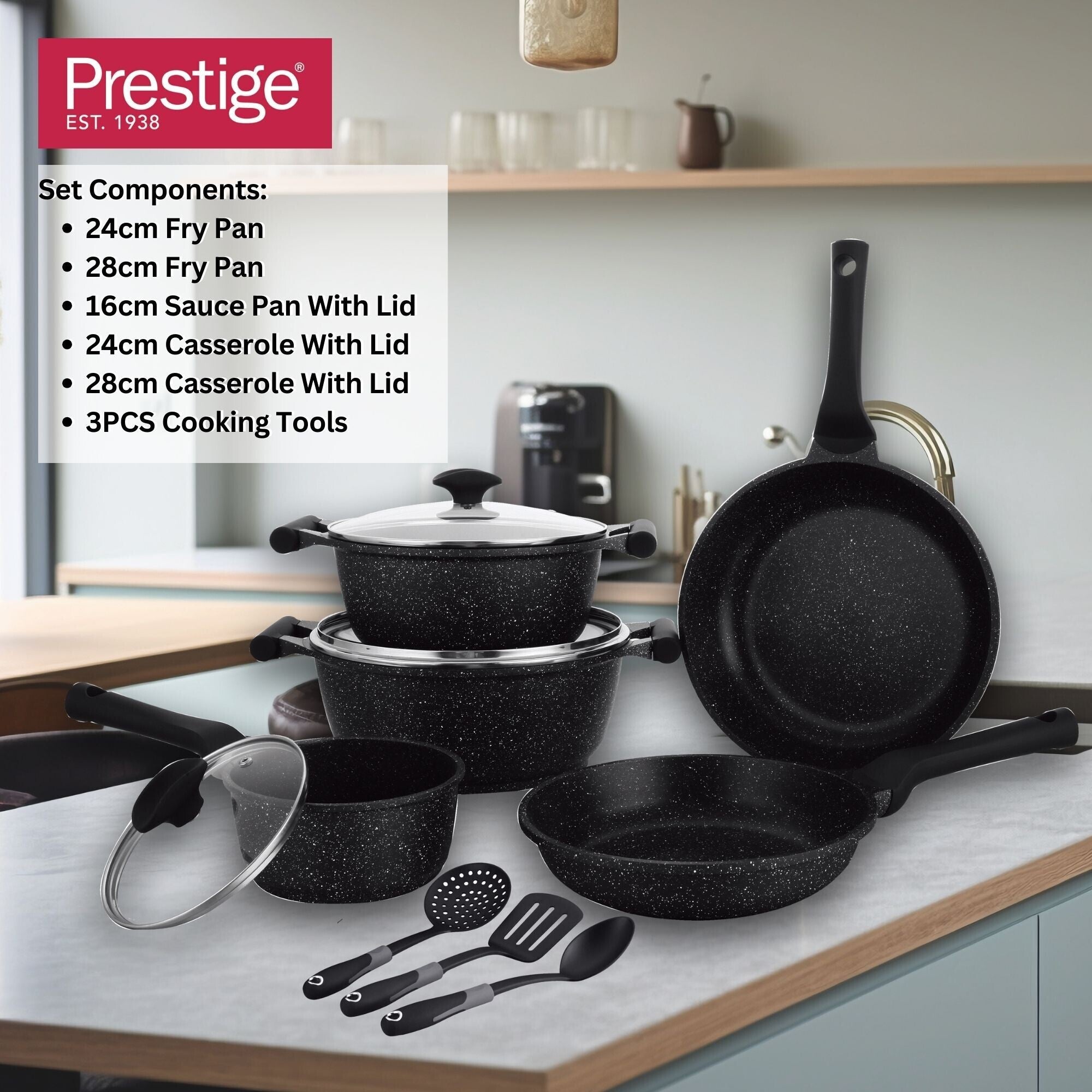 Prestige Essentials Nonstick Pots and Pans Set | Induction Cookware Set 11 Pieces | Non Stick Set Combo | Granite Cooking Set | Fry Pan Non Stick Combo Set | Black - PR80985