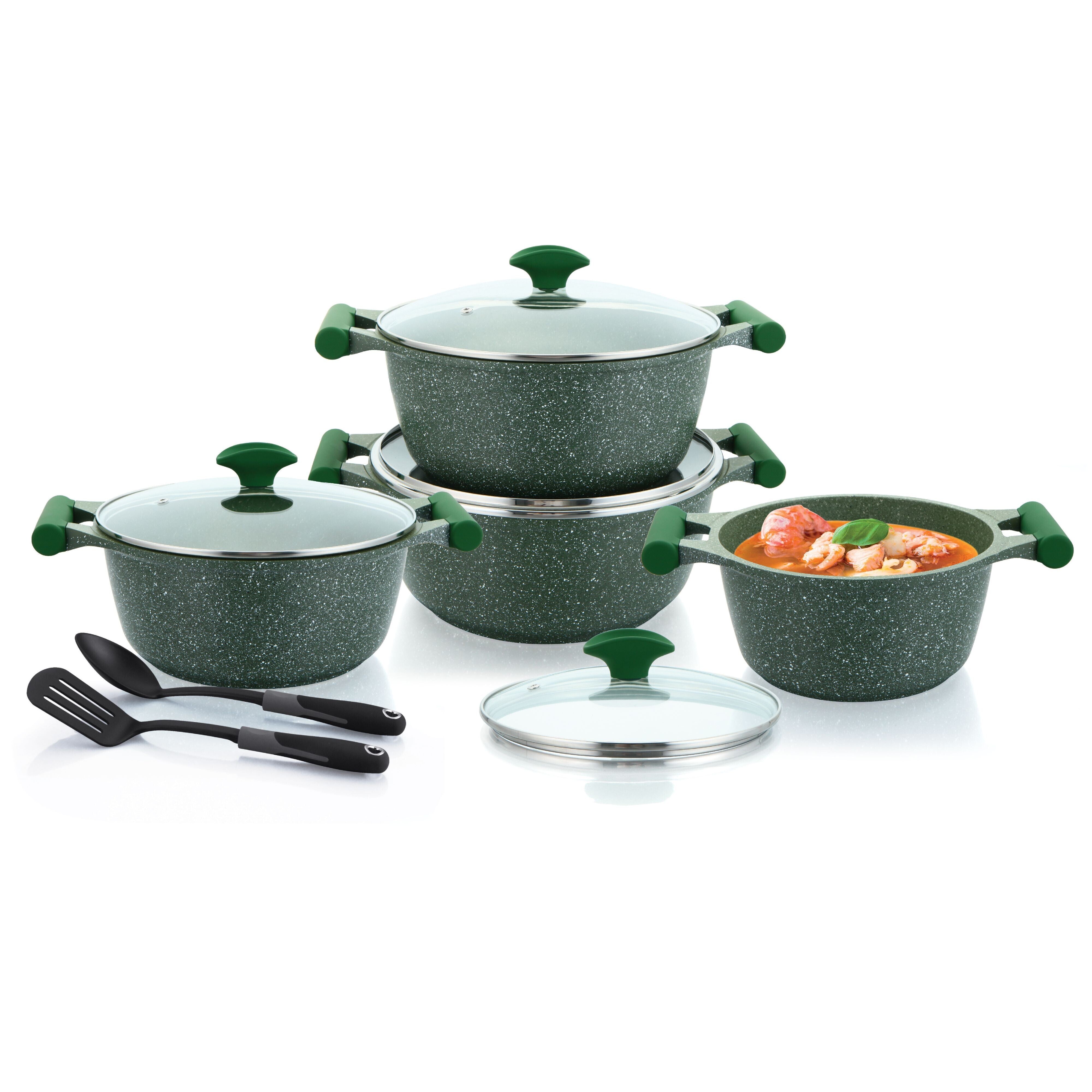 Prestige Essential 10 pcs Cookware Sets | Granite Coated Pots and Pans Set | Non-Stick Induction Compatible Cookware | Green -PR80998