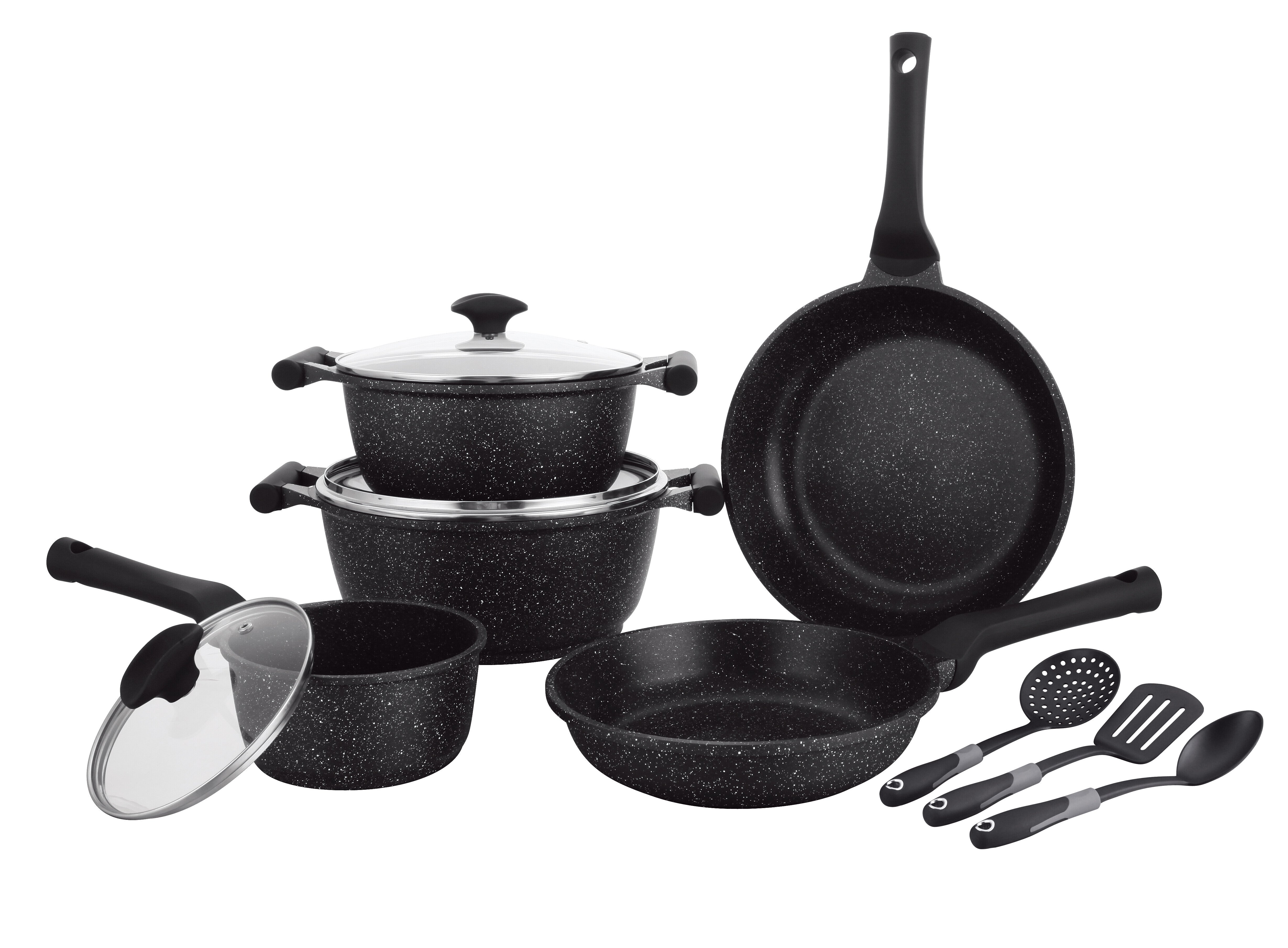 Prestige Essentials Nonstick Pots and Pans Set | Induction Cookware Set 11 Pieces | Non Stick Set Combo | Granite Cooking Set | Fry Pan Non Stick Combo Set | Black - PR80985