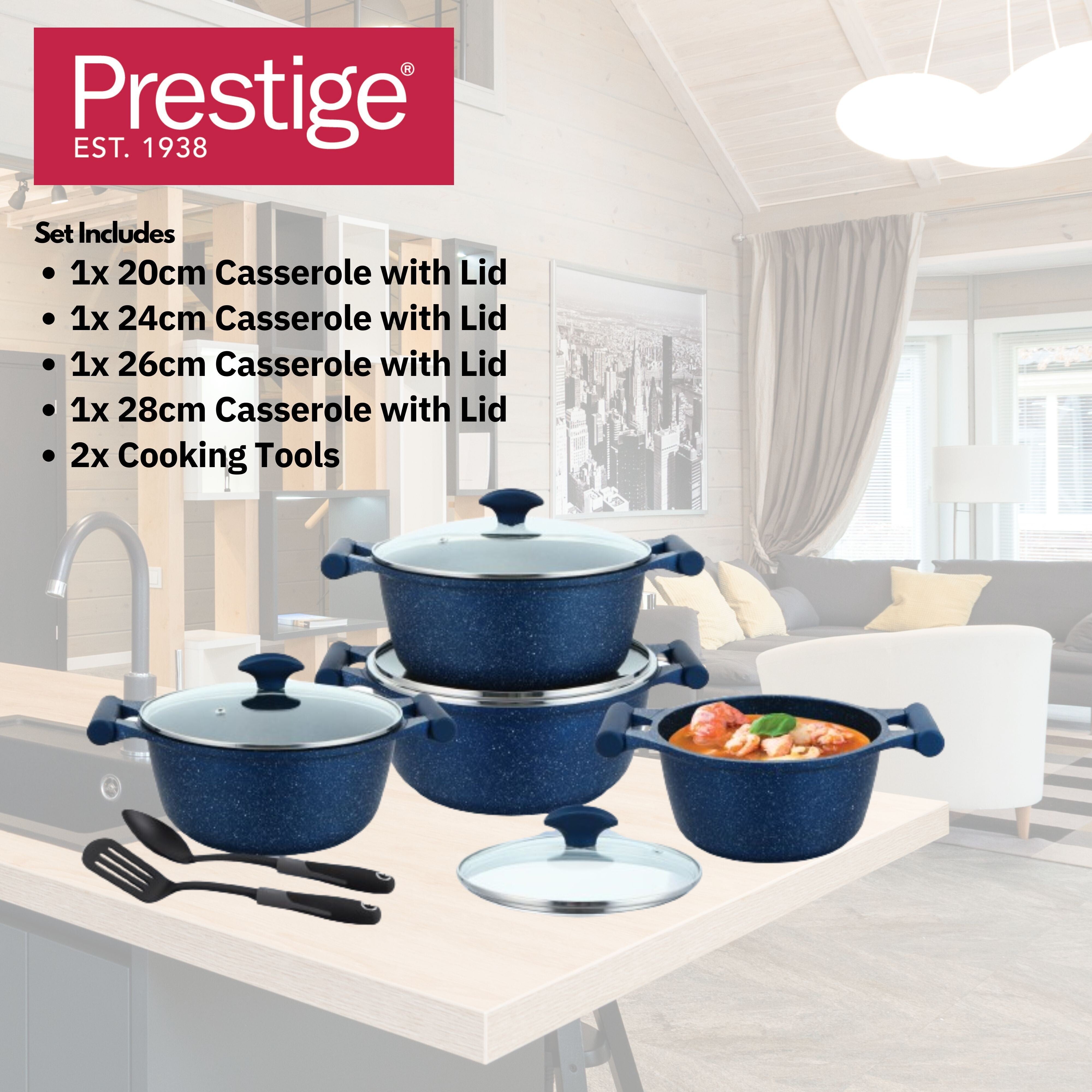 Prestige Essential 10 pcs Cookware Sets | Granite Coated Pots and Pans Set | Non-Stick Induction Compatible Cookware | Dark Blue - PR80999