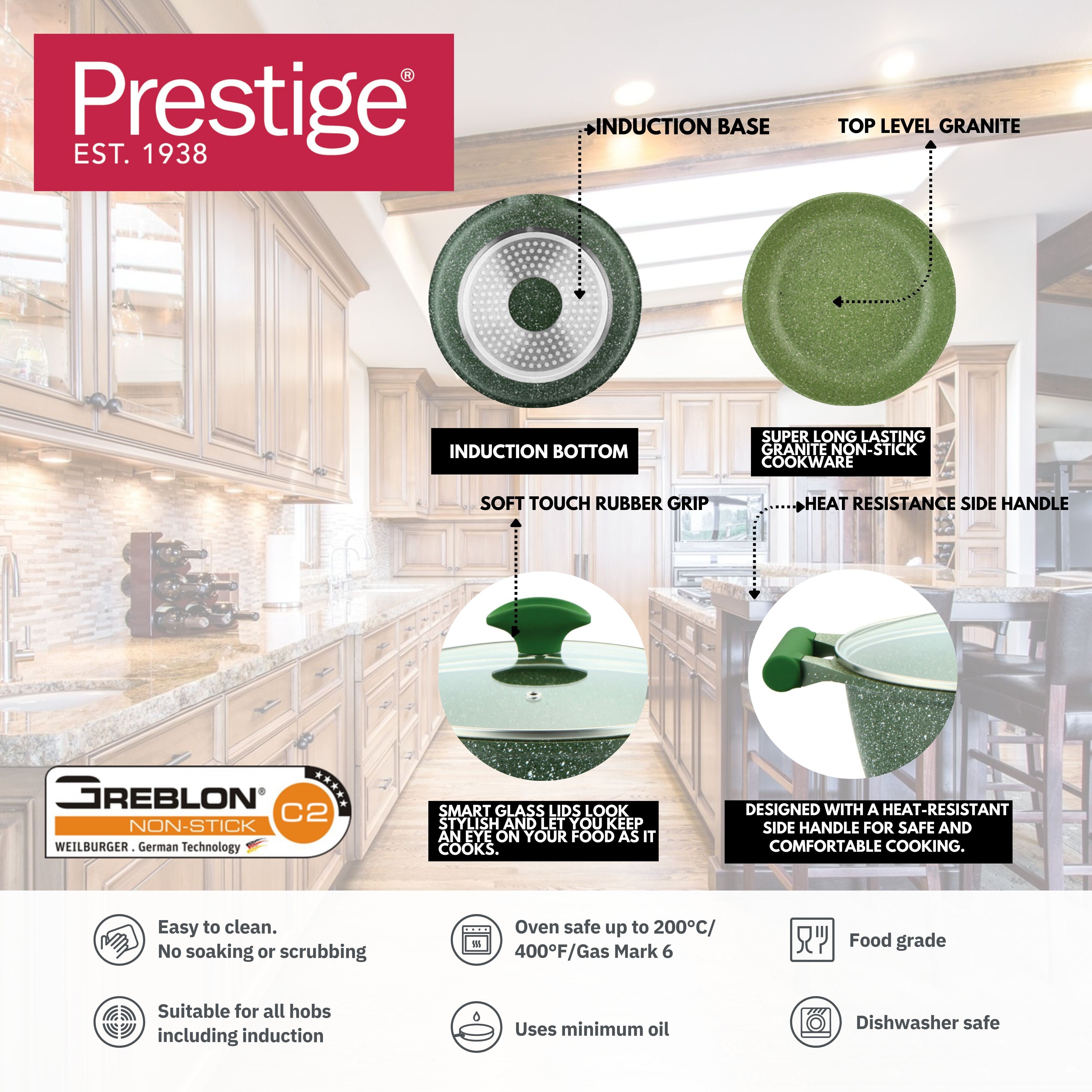 Prestige Essential 10 pcs Cookware Sets | Granite Coated Pots and Pans Set | Non-Stick Induction Compatible Cookware | Green -PR80998