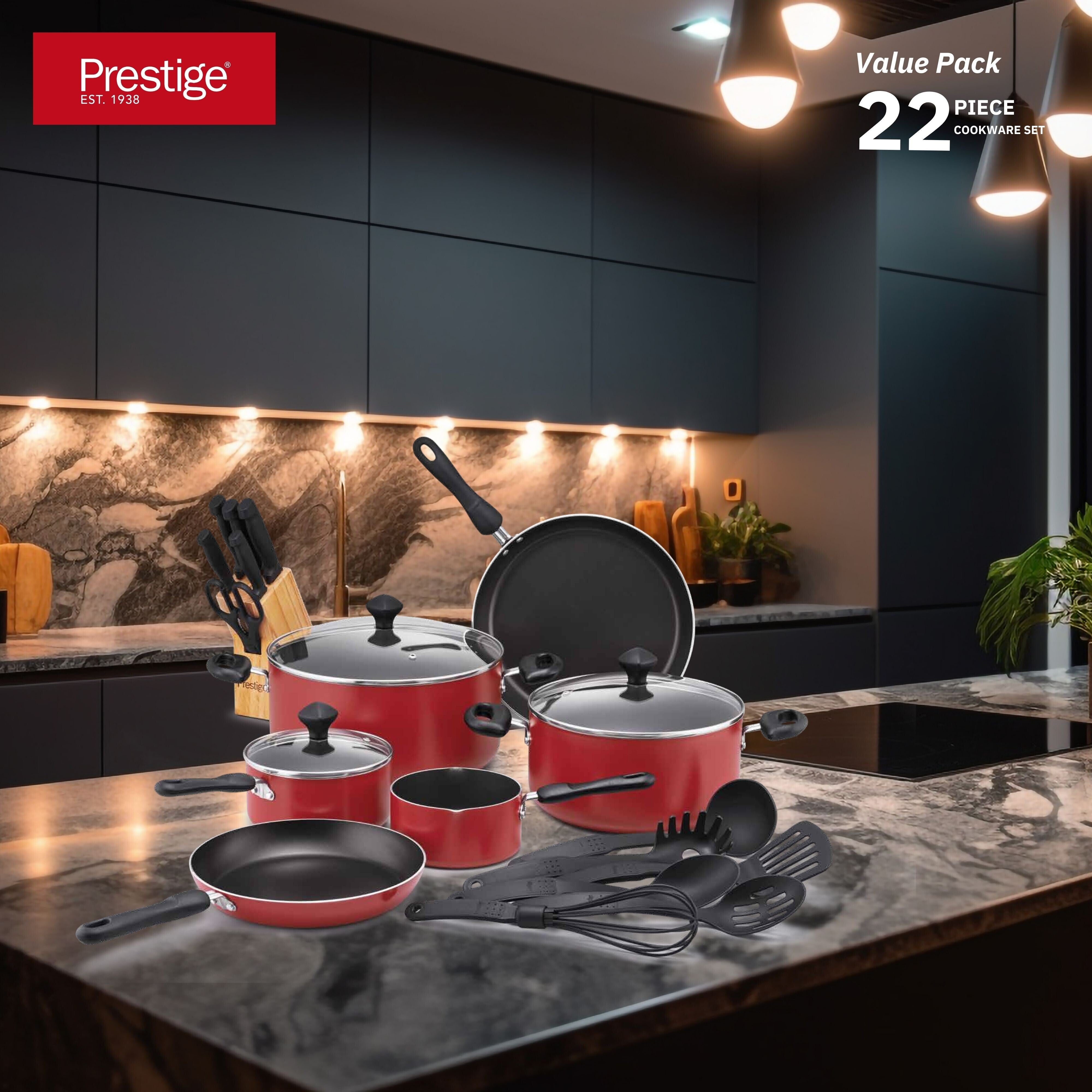 Prestige Non Stick Pots and Pans Set 22 Piece | Cooking Pot Set Big | Value Pack Cookware Set PR20965 - Red