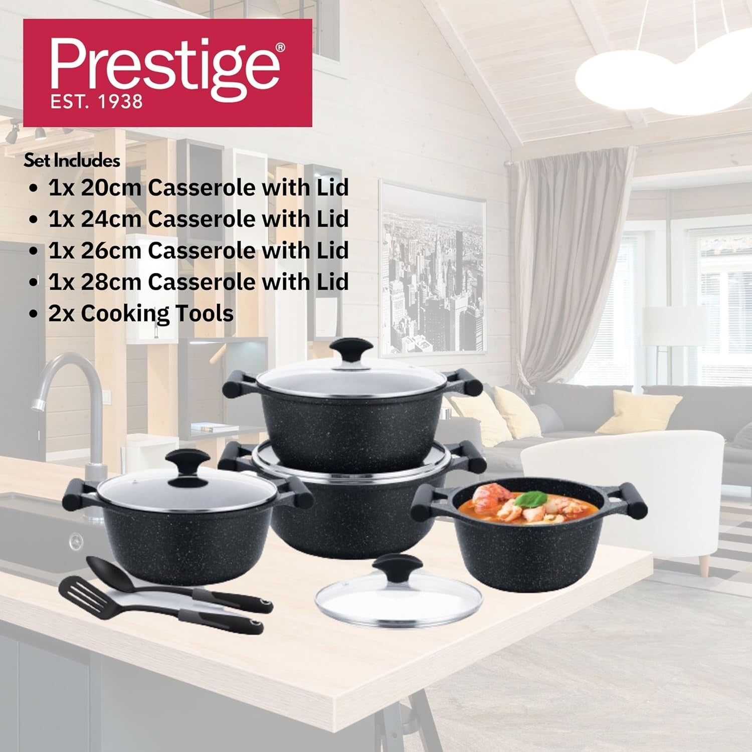 Prestige Essential 10 pcs Cookware Sets | Granite Coated Pots and Pans Set | Non-Stick Induction Compatible Cookware | Black - PR80997