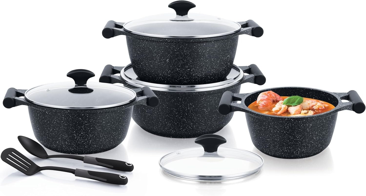 Prestige Essential 10 pcs Cookware Sets | Granite Coated Pots and Pans Set | Non-Stick Induction Compatible Cookware | Black - PR80997