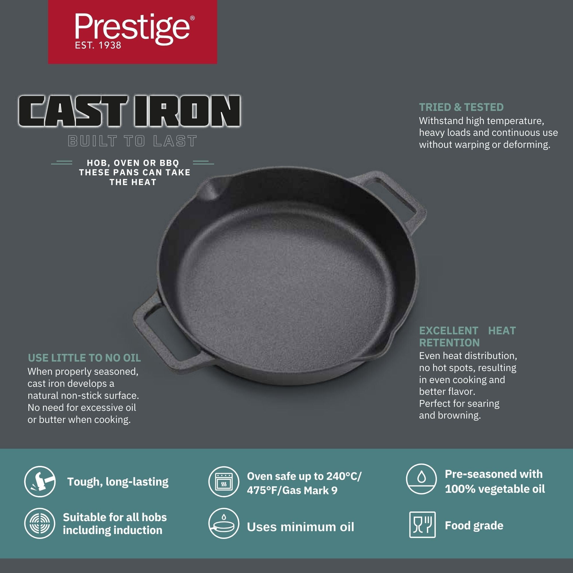 Prestige Cast Iron Pre-Seasoned Dual Handle Fry Pan 24 cm | PR48887