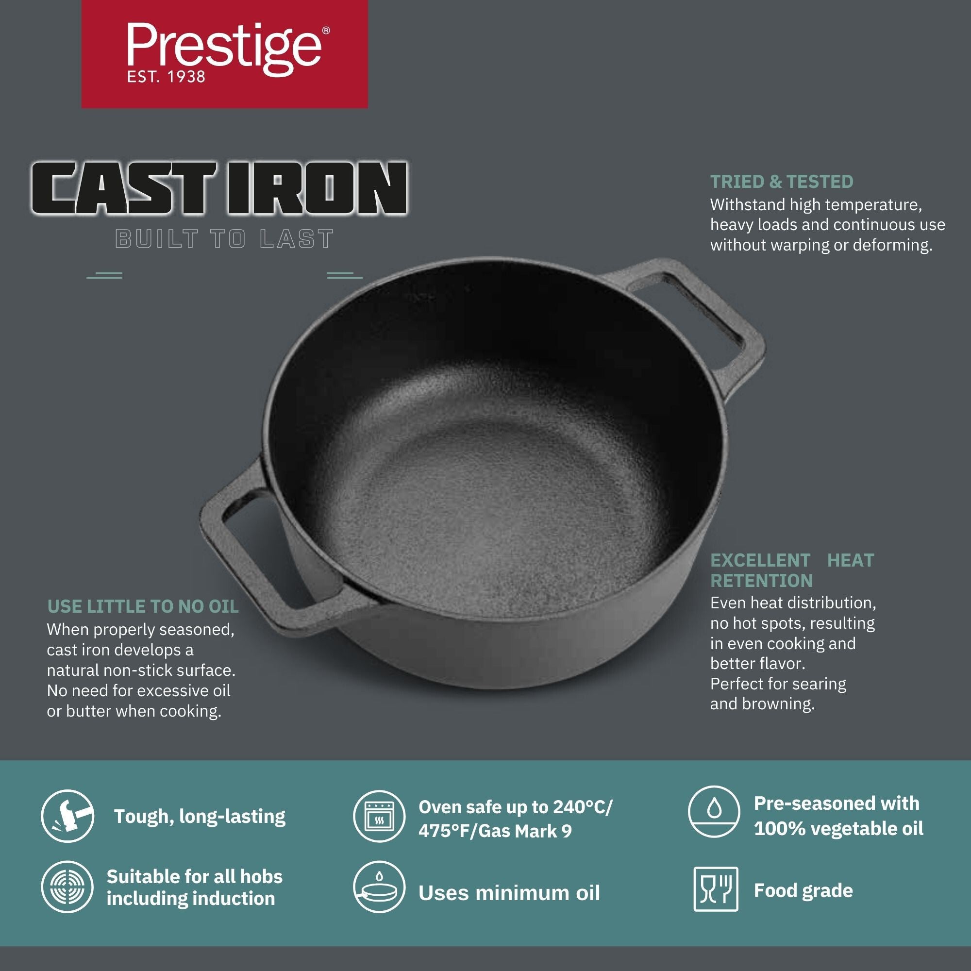 Prestige Cast Iron Pre-Seasoned Casserole 24 CM | PR48897