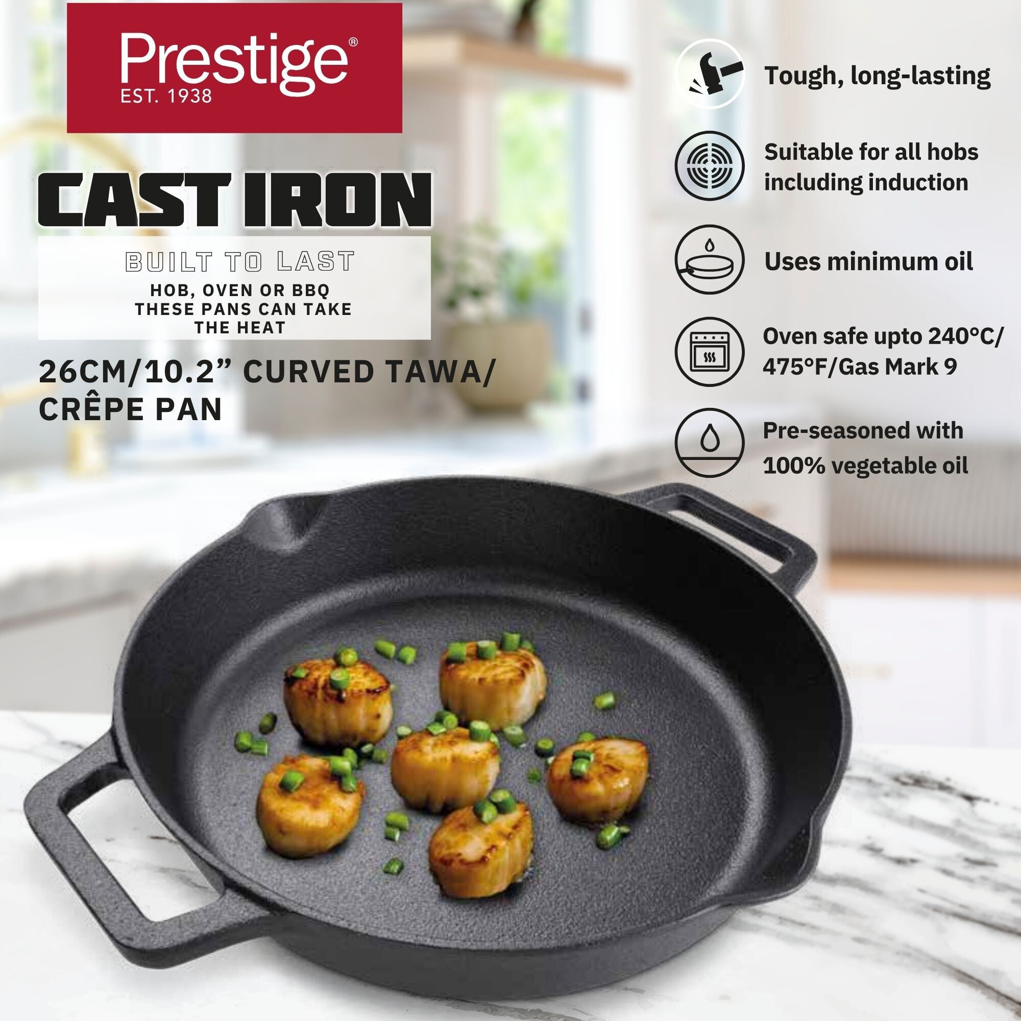 Prestige Cast Iron Pre-Seasoned Dual Handle Fry Pan 24 cm | PR48887