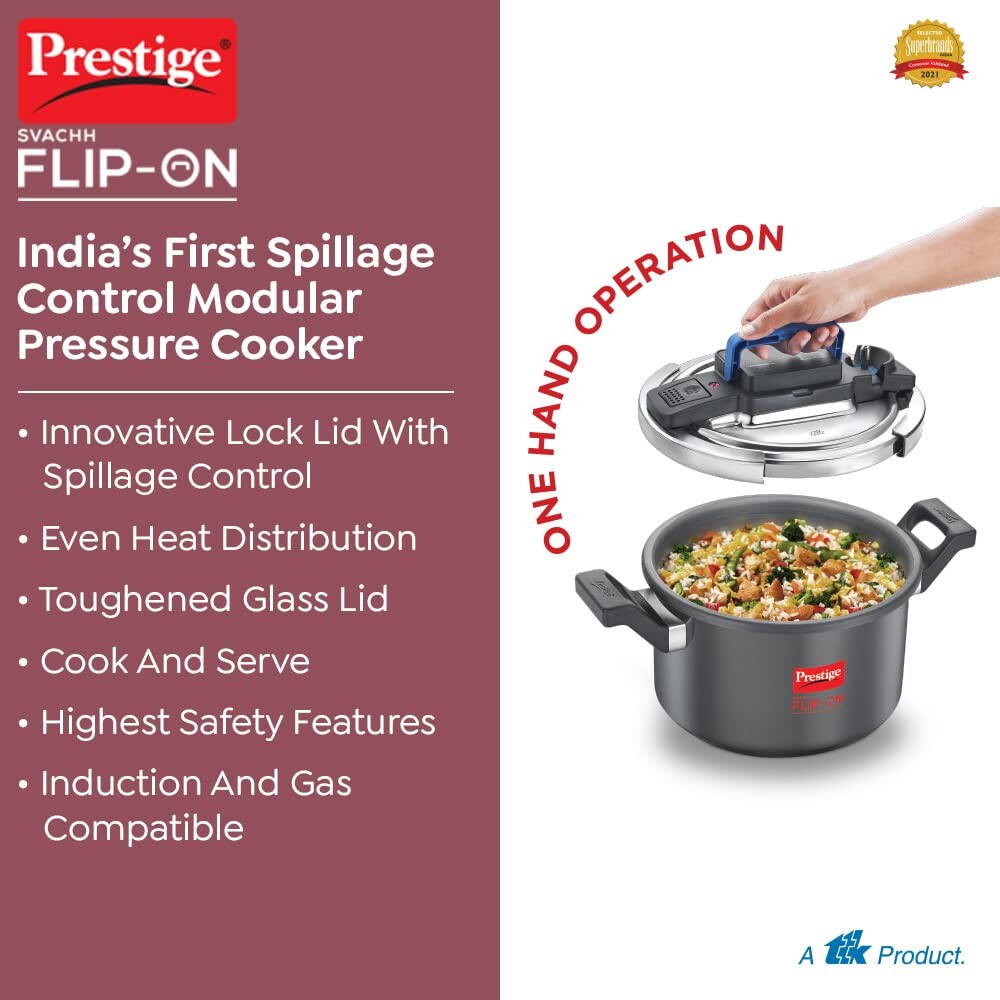 Prestige Svachh Flip-on Hard Anodised Spillage Control Outer Lid Pressure Cooker with Glass Lid, 5 Litre (Black) | MPF20161