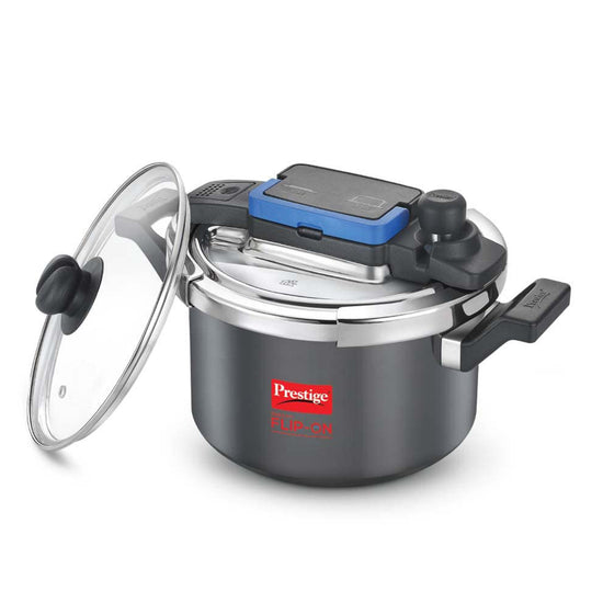 Prestige Svachh Flip-on Hard Anodised Spillage Control Outer Lid Pressure Cooker with Glass Lid, 5 Litre (Black) | MPF20161