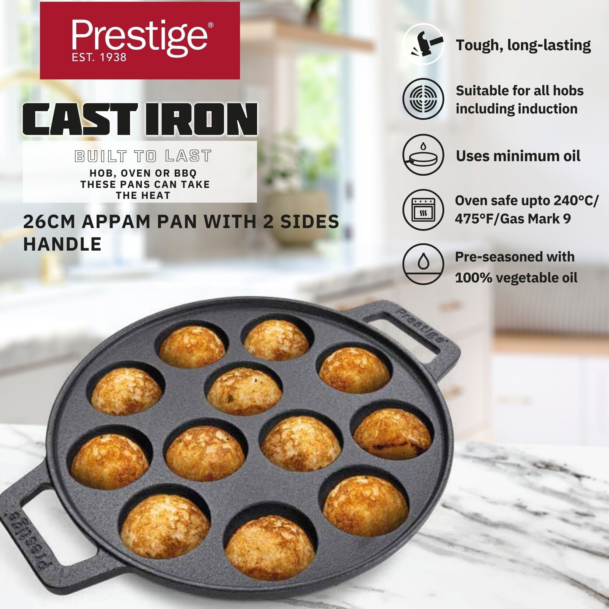 Prestige Cast Iron Pre-Seasoned Duel Handle Appam Pan 26 CM | PR48908