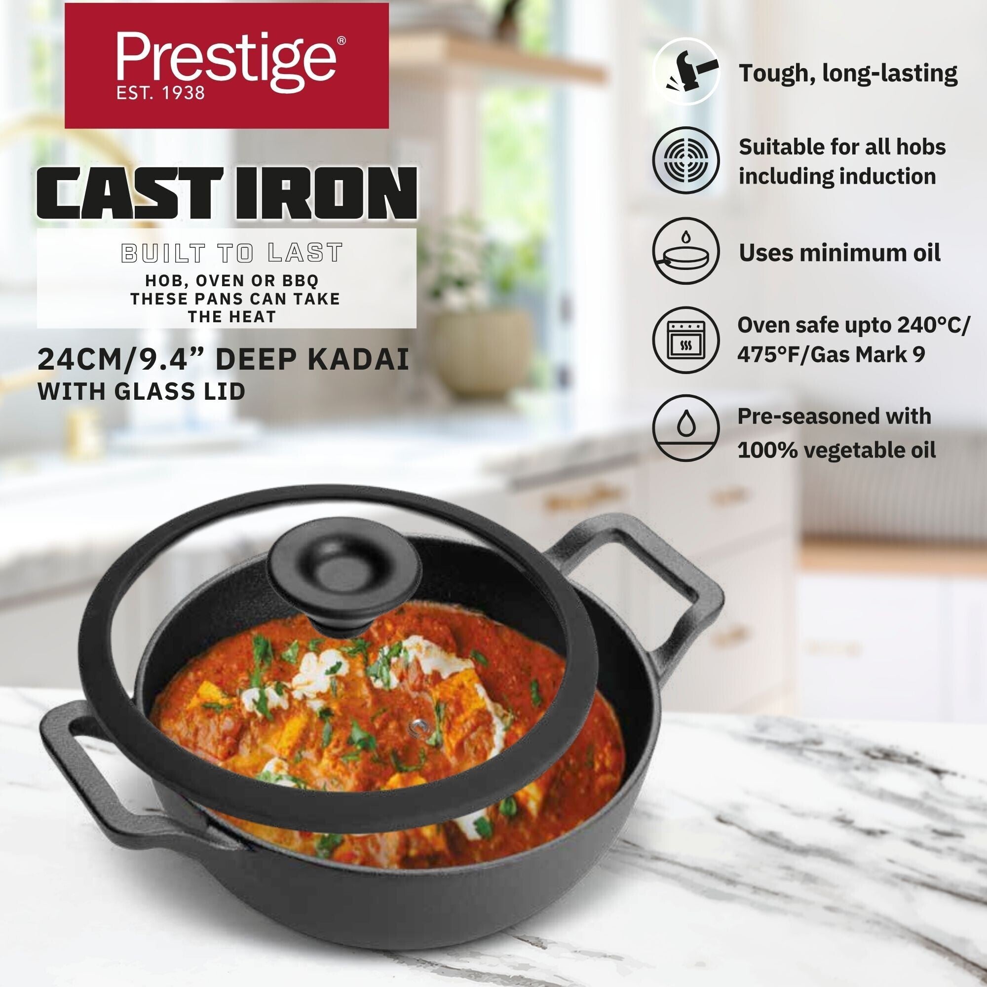 Prestige Cast Iron Pre-Seasoned Kadai 24 CM | PR48895