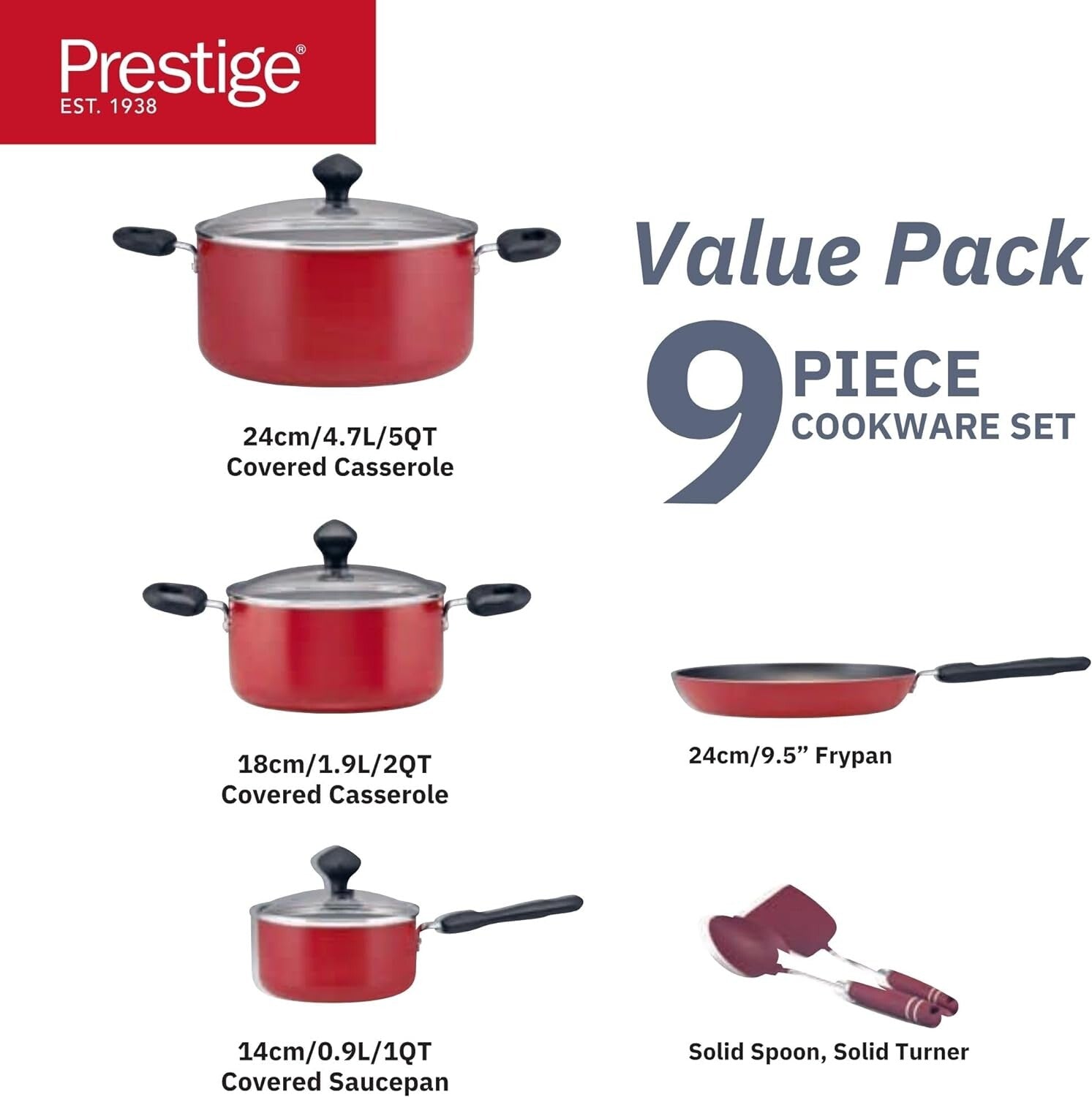 Prestige Value Pack Non-Stick Cookware sets 9Pcs | Non Stick Aluminium Pots and Pans Cooking Set | Soup Pots Set | Frying Pan Set | PR22430 - Red