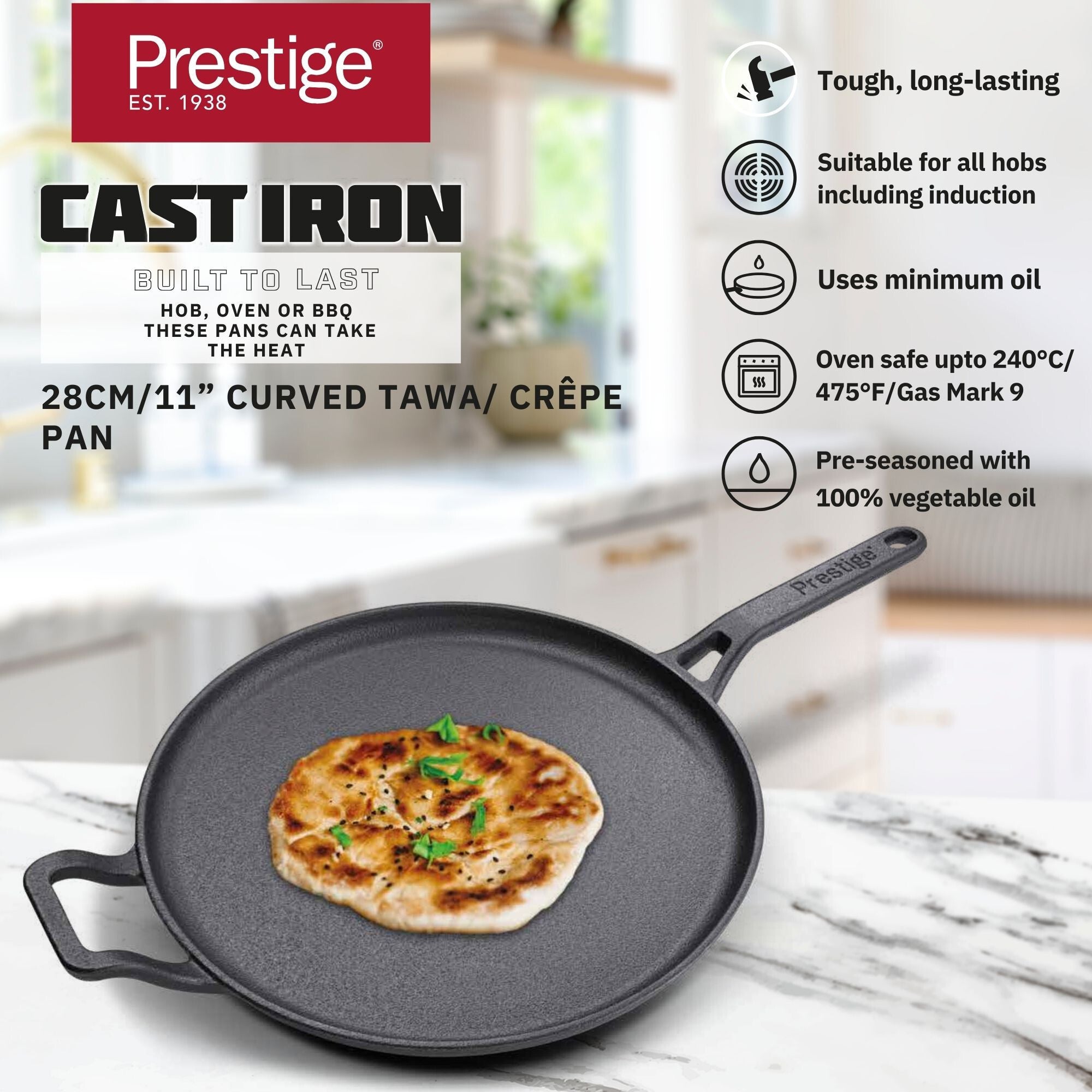 Prestige Cast Iron Pre-Seasoned Flat Tawa 28 cm | PR48885