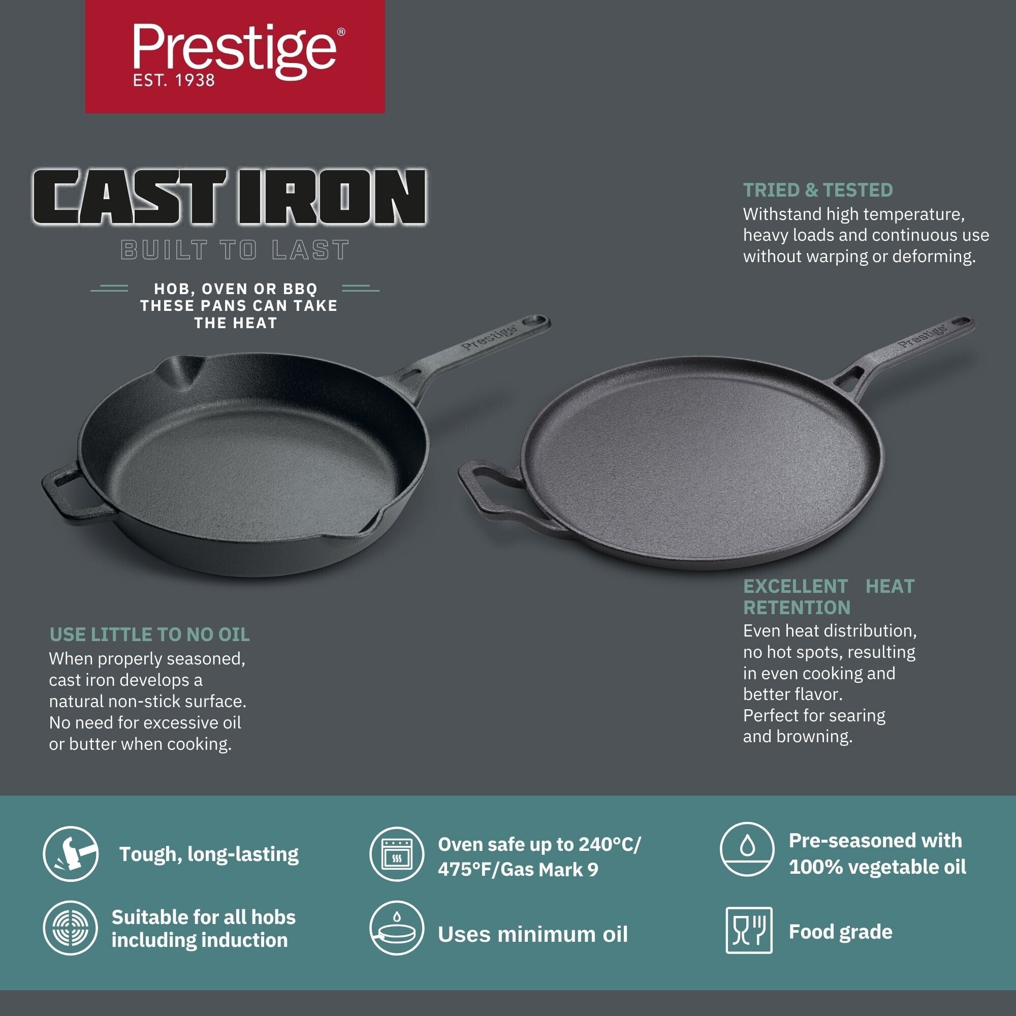 Prestige Pre-Seasoned Pre-Seasoned Cast Iron Cookware Set - 28cm Flat Dosa Tawa + 26cm Fry Pan | Black - PR49081