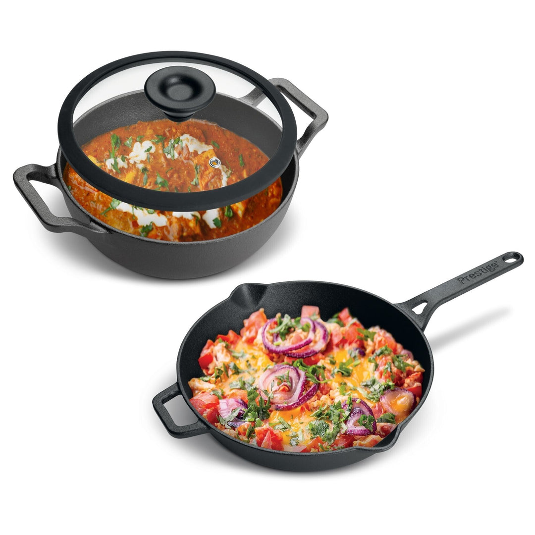 Prestige Pre-Seasoned Cast Iron Cookware Set - 24Cm Kadai W/L & 26Cm Frypan | Black - PR49083