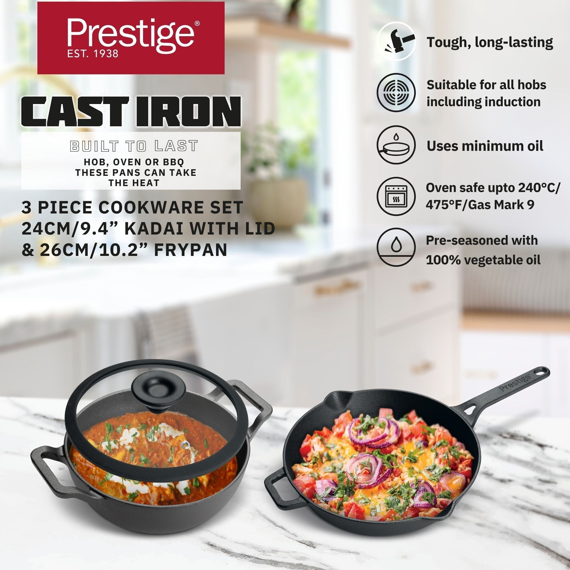 Prestige Pre-Seasoned Cast Iron Cookware Set - 24Cm Kadai W/L & 26Cm Frypan | Black - PR49083