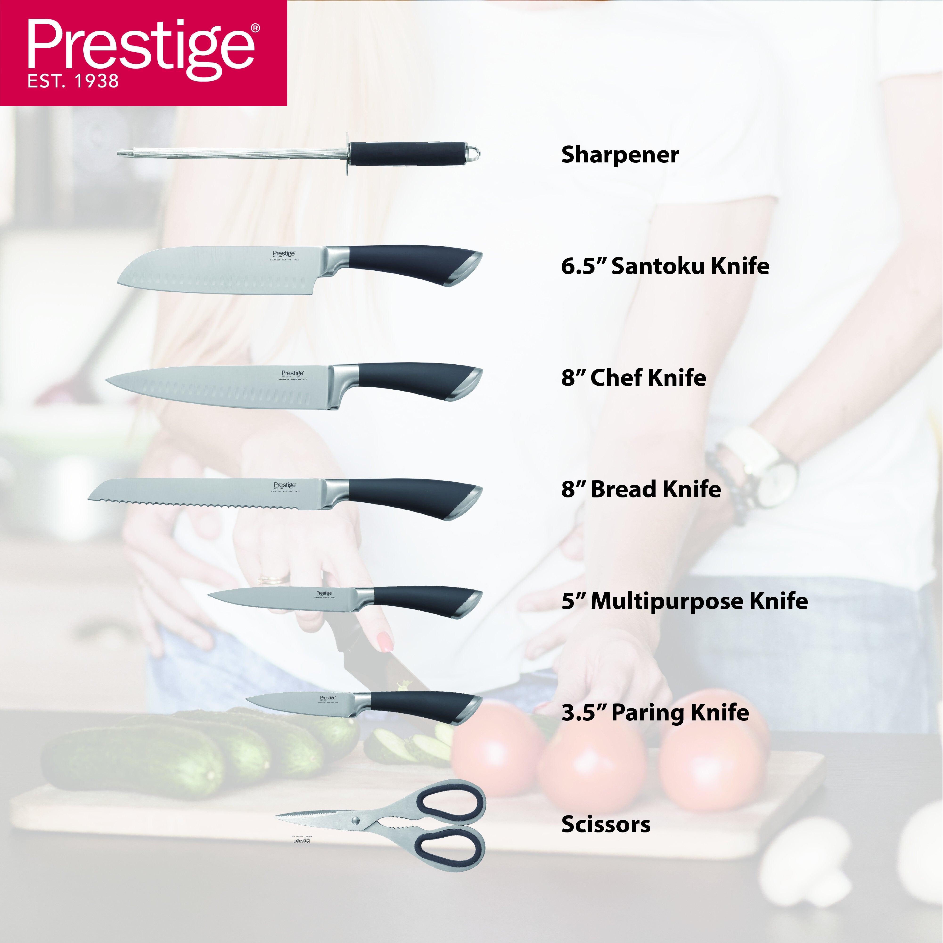 Prestige Kitchen Knife Set with Acrylic Knife Stand | Premium Kitchen Set with Clear Storage Block | Laser-cut Rust-free Stainless Steel Blade | PR57539 - Grey