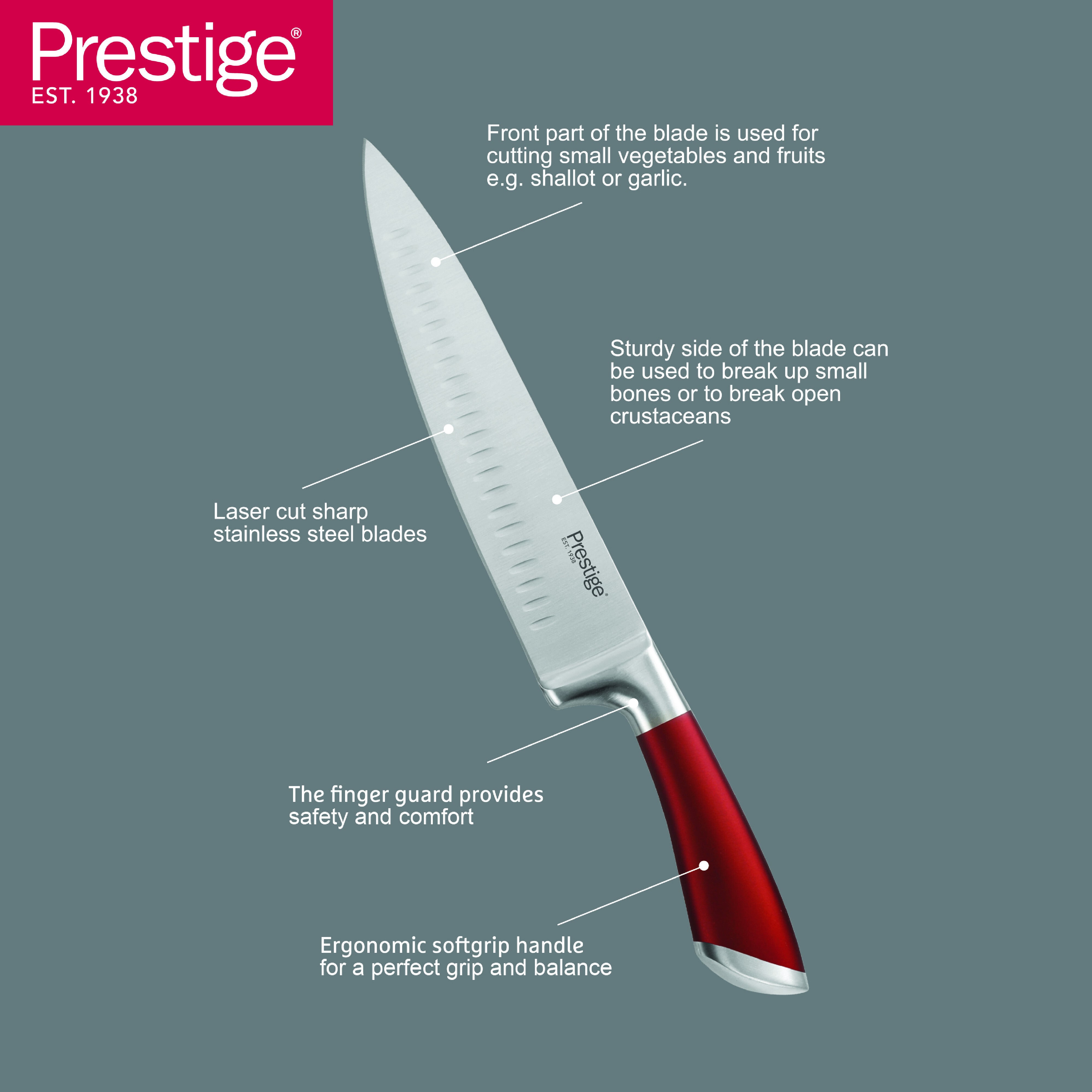 Prestige Kitchen Knife Set with Acrylic Knife Stand | Premium Kitchen Set with Clear Storage Block | Laser-cut Rust-free Stainless Steel Blade | PR57540 - Red