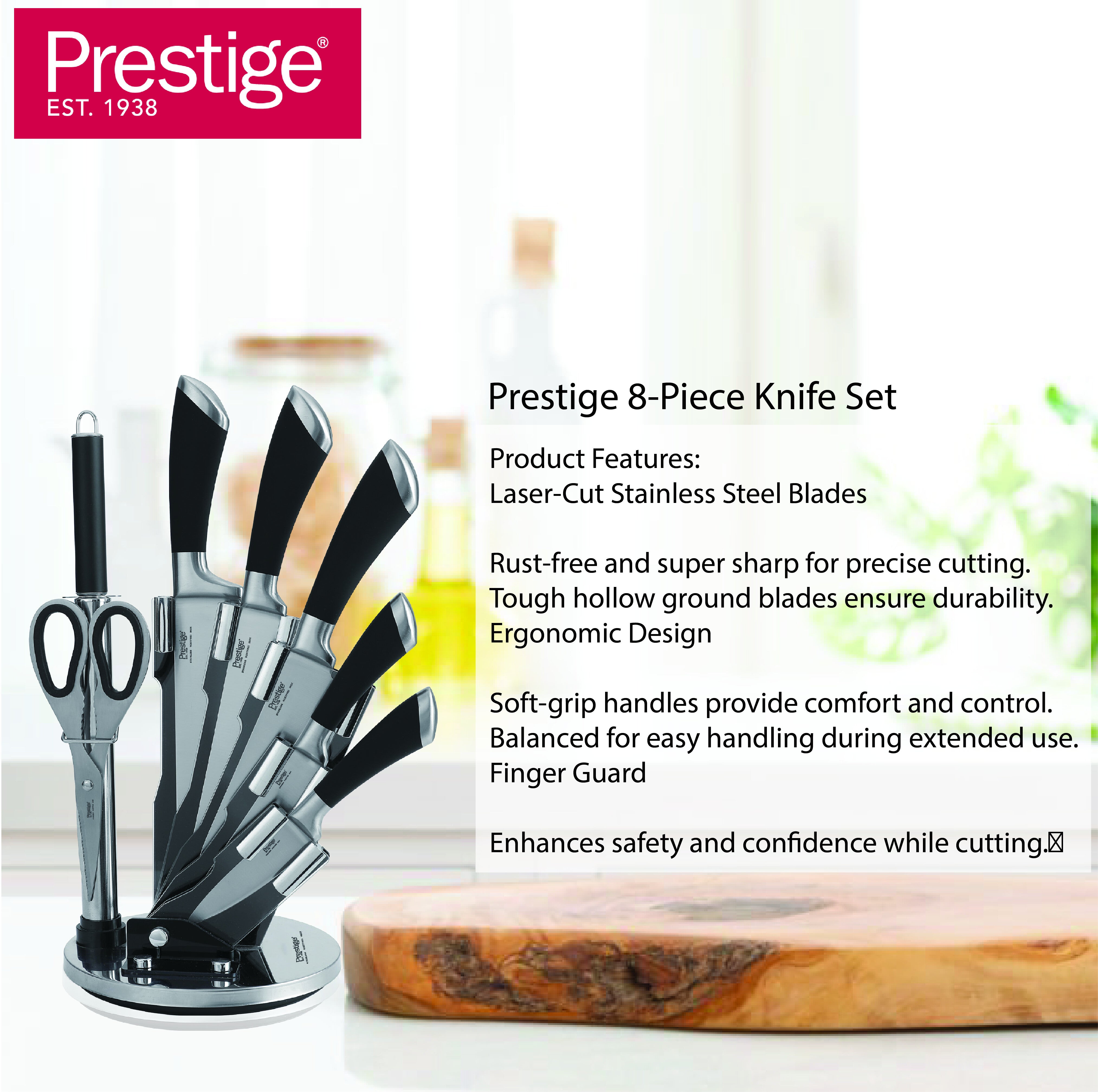 Prestige Kitchen Knife Set with Acrylic Knife Stand | Premium Kitchen Set with Clear Storage Block | Laser-cut Rust-free Stainless Steel Blade | PR57538 - Black