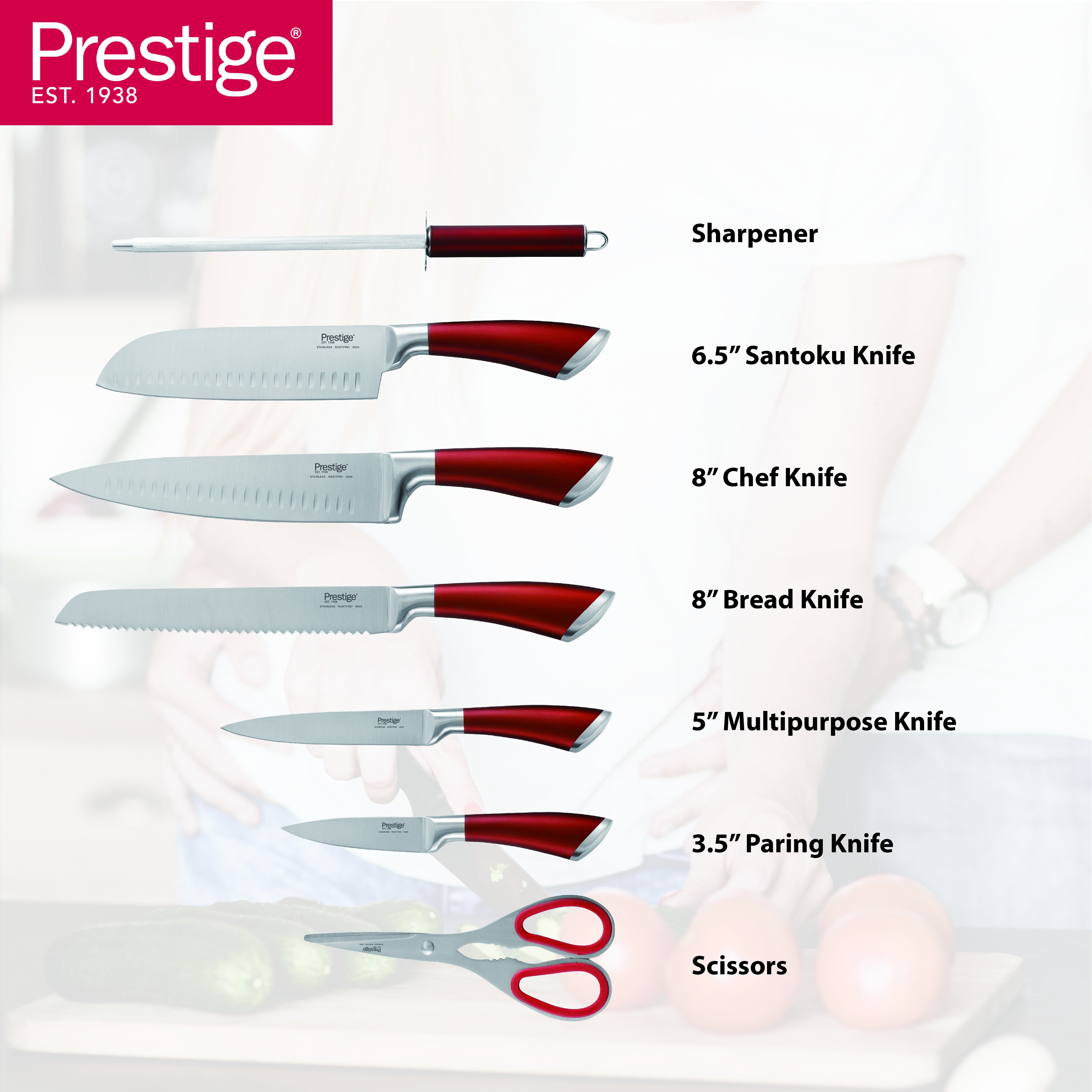 Prestige Kitchen Knife Set with Acrylic Knife Stand | Premium Kitchen Set with Clear Storage Block | Laser-cut Rust-free Stainless Steel Blade | PR57540 - Red