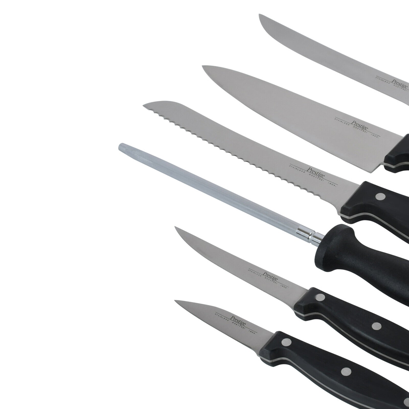 Prestige 7-Piece Knife Block Set | Stainless Steel Kitchen Knives with Scissors & Wooden Block | PR56022