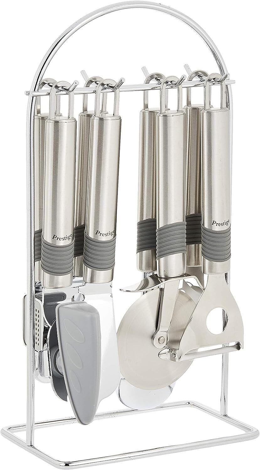 Prestige Progrip Steel Kitchen Utensils Set with Stand | Nonstick Stainless Steel Cooking Utensils Set | Kitchen Accessories | PR55186
