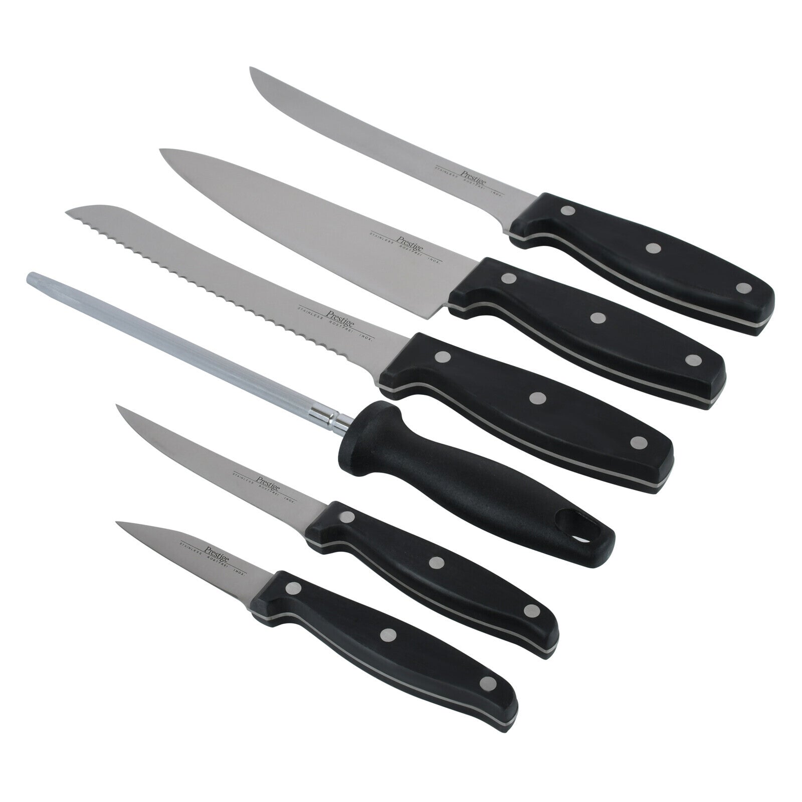 Prestige 7-Piece Knife Block Set | Stainless Steel Kitchen Knives with Scissors & Wooden Block | PR56022