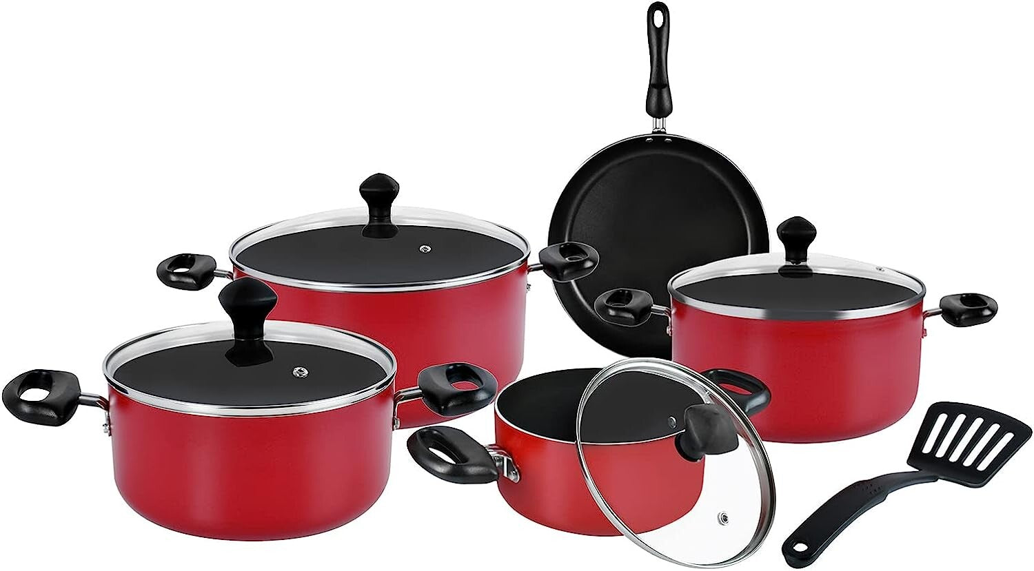 Prestige Value Pack Non-Stick Cookware sets 10Pcs | Non Stick Aluminium Pots and Pans Cooking Set | Soup Pots Set | Frying Pan Set | PR21700 - Red
