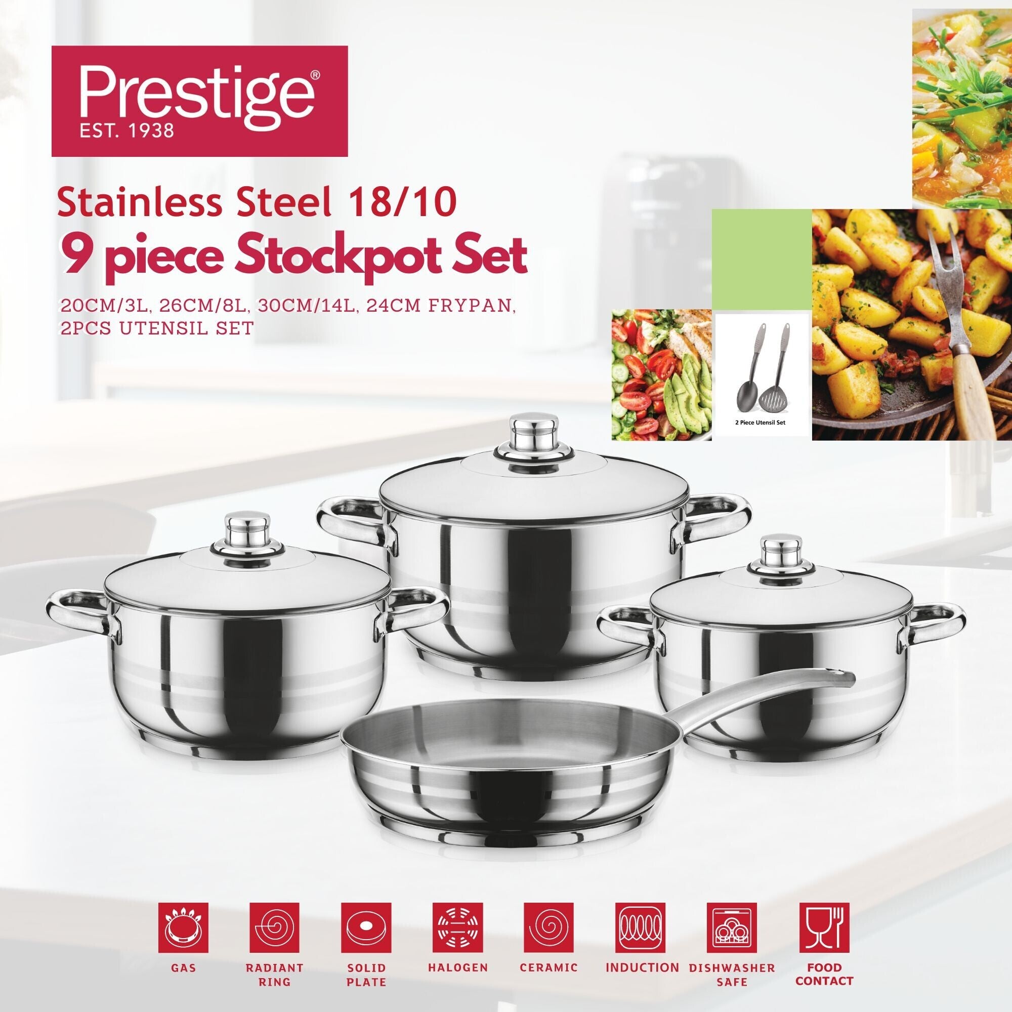 Prestige Infinity Stainless Steel Cookware Set 9Pcs | Induction Compatible Cooking Pots and Pans Set | Cooking Set with Glass lids | Silver - PR7001