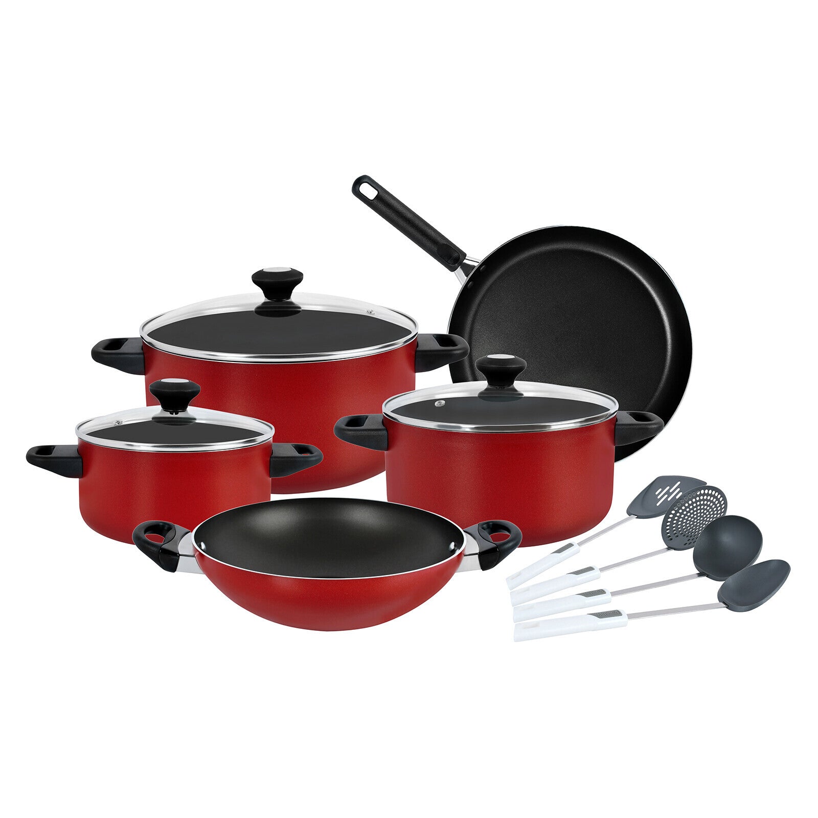 Prestige Classique Non-Stick Cookware Set | Aluminium Pots and Pans Set , Red,12 Piece,PR21179