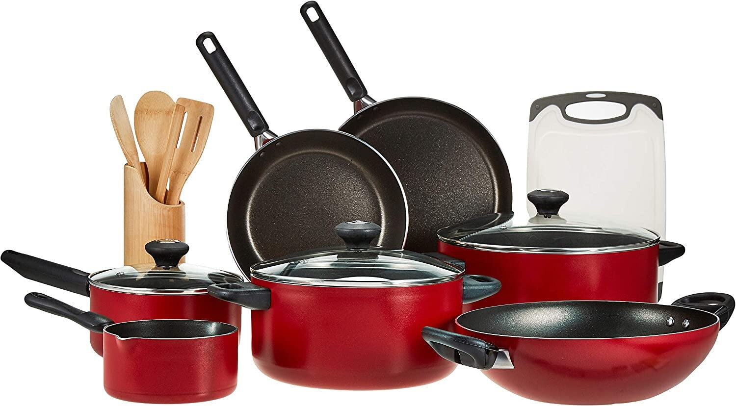 Prestige Classique 16 Piece Non stick cookware Set | Non Stick Cooking Pan Set | 2 Fry Pans, 2 Casseroles, 2 Saucepan, Kadai, 3 Glass Lids, Cutting Board & 5 Spatulas | PR21234