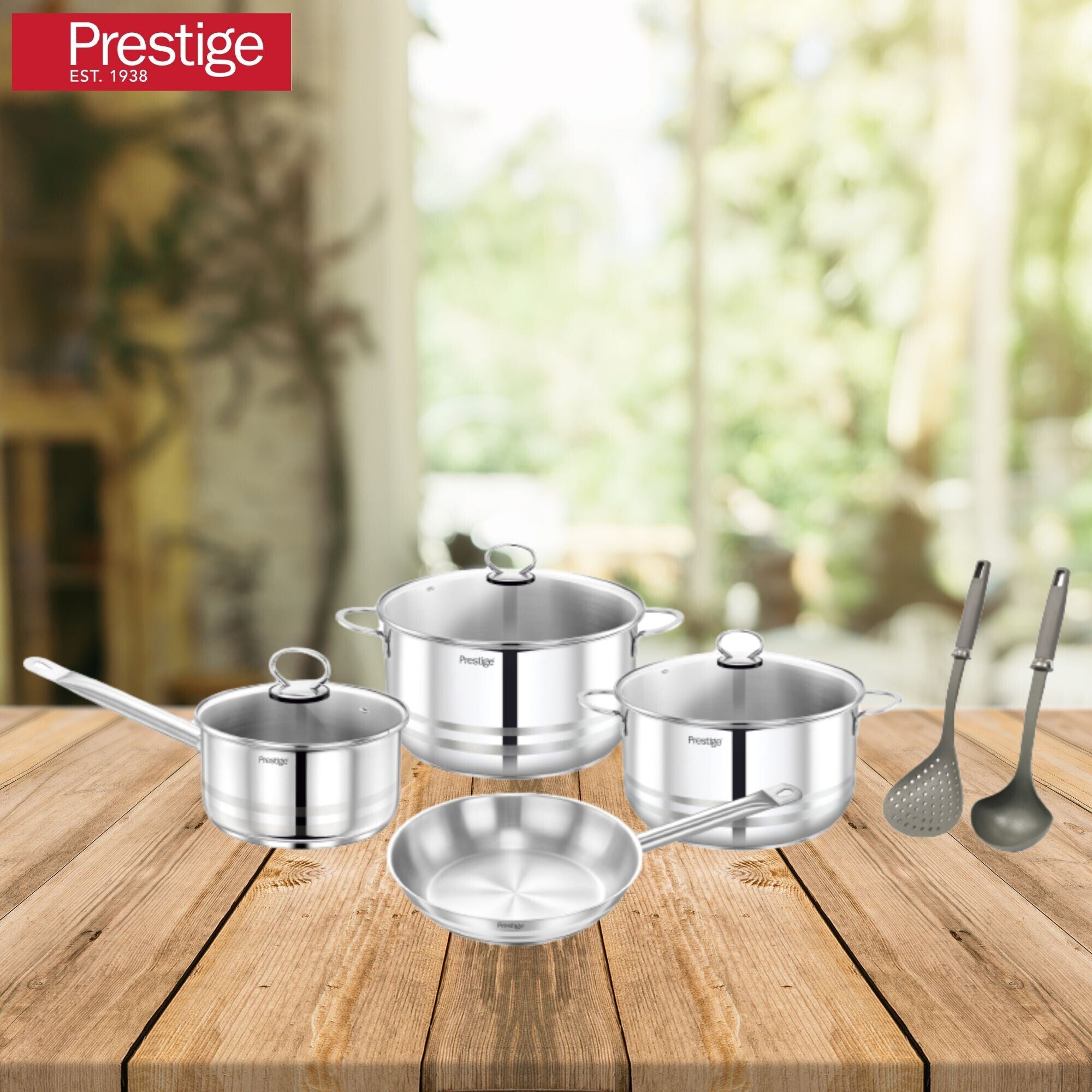 Prestige Stainless Steel 9Pc Cookware Set | Stainless Steel Cooking Set | Pots and Pans Set | stainless steel saucepan and Casserole with Glass Lid | PR80980