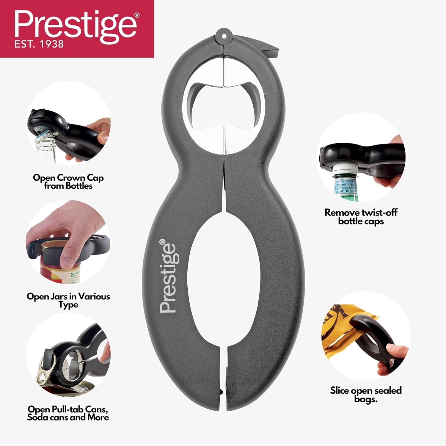 Prestige Multiple Jar Bottle Opener 6 IM 1 | Tin Opener Quick Jar Opener | Gripper Lid Can Opener | Easy to Use for Weak Hands | PR50295
