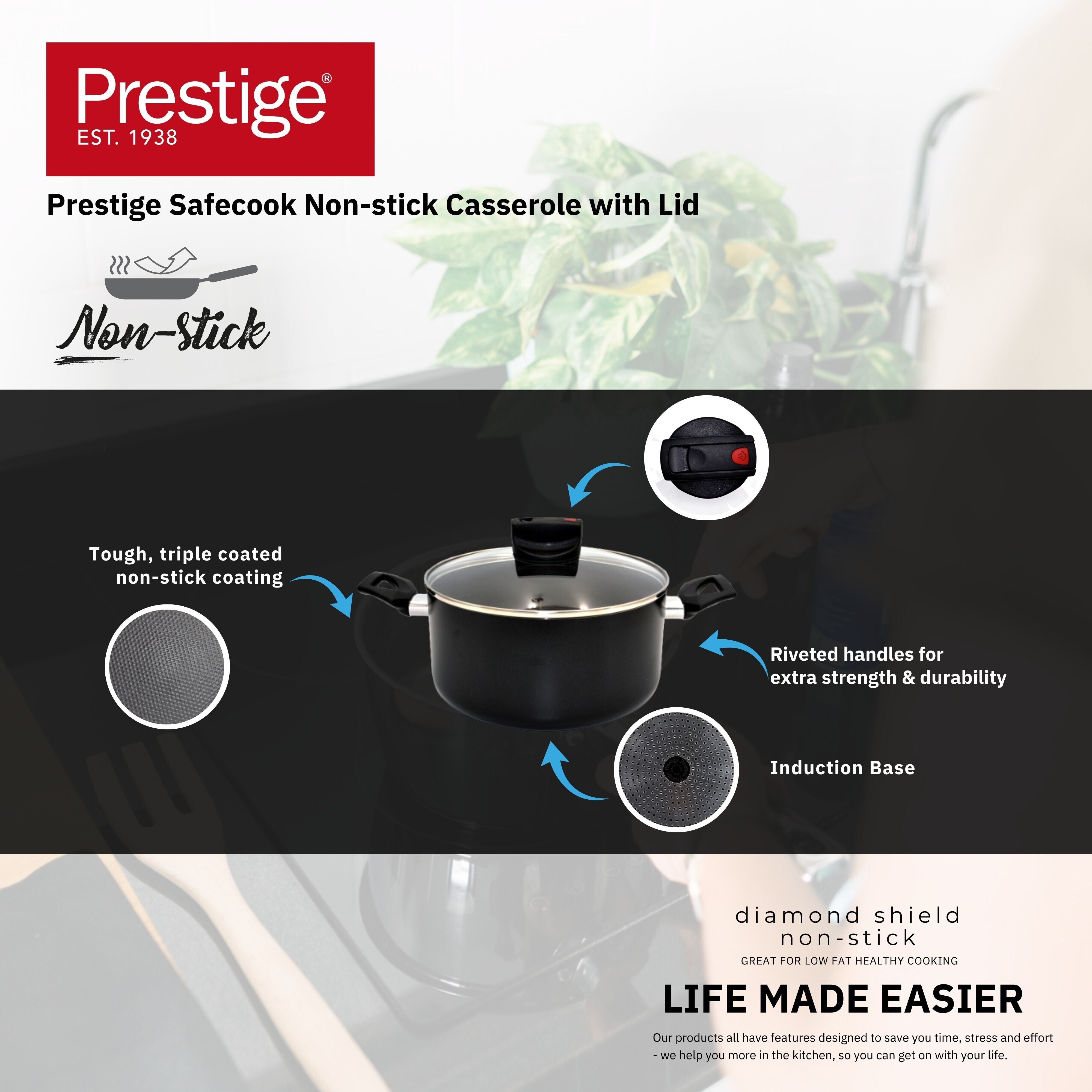 Prestige Safecook Nonstick Casserole 24 cm | Aluminum Cooking Pot with Glass Lid | Induction Compatible Cookware | PR22101 - Black