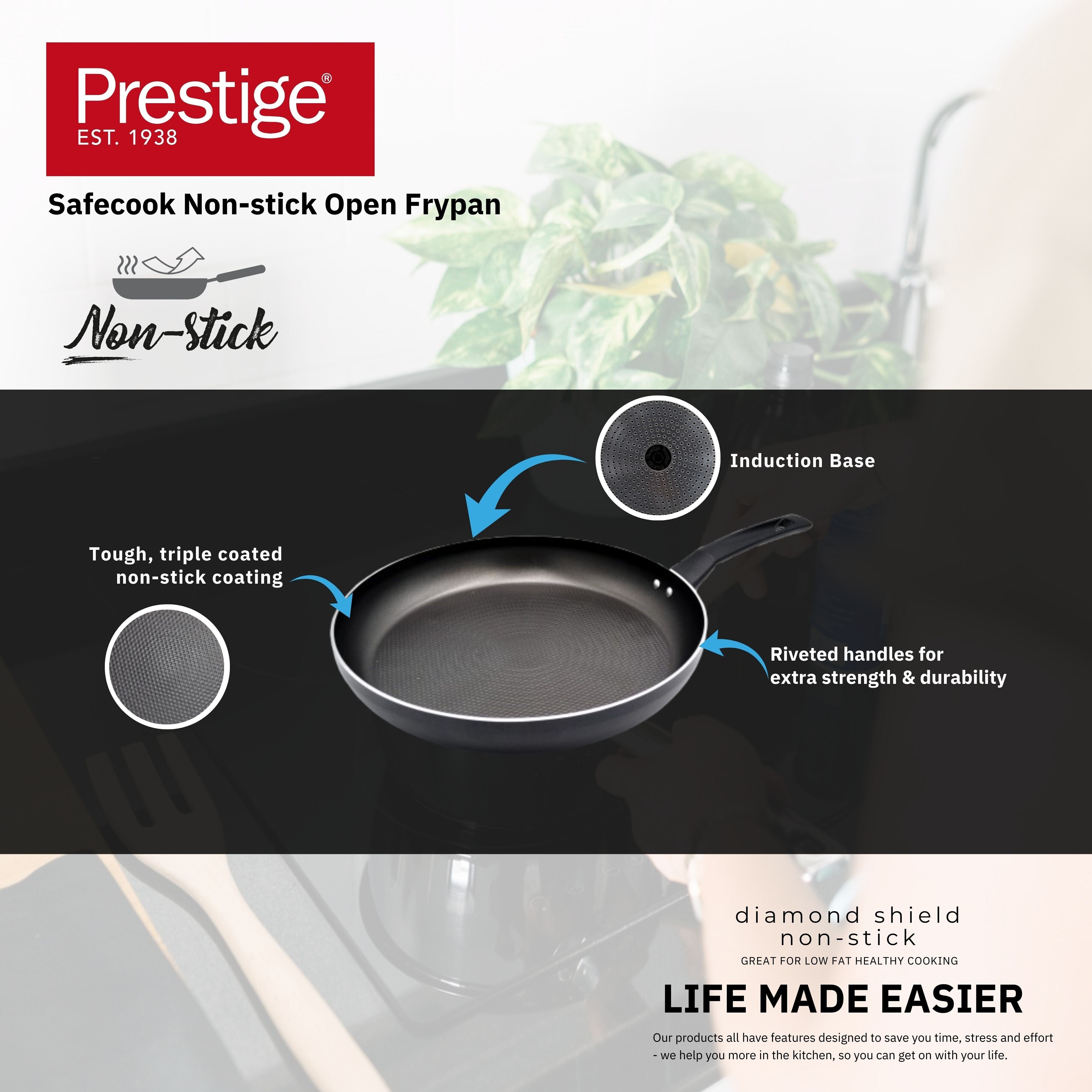 Prestige Safecook Non-stick 24cm Open Frypan | Induction Compatible Frying Pan Non-Stick | Diamond shield triple coated Pan - PR22090 - Black