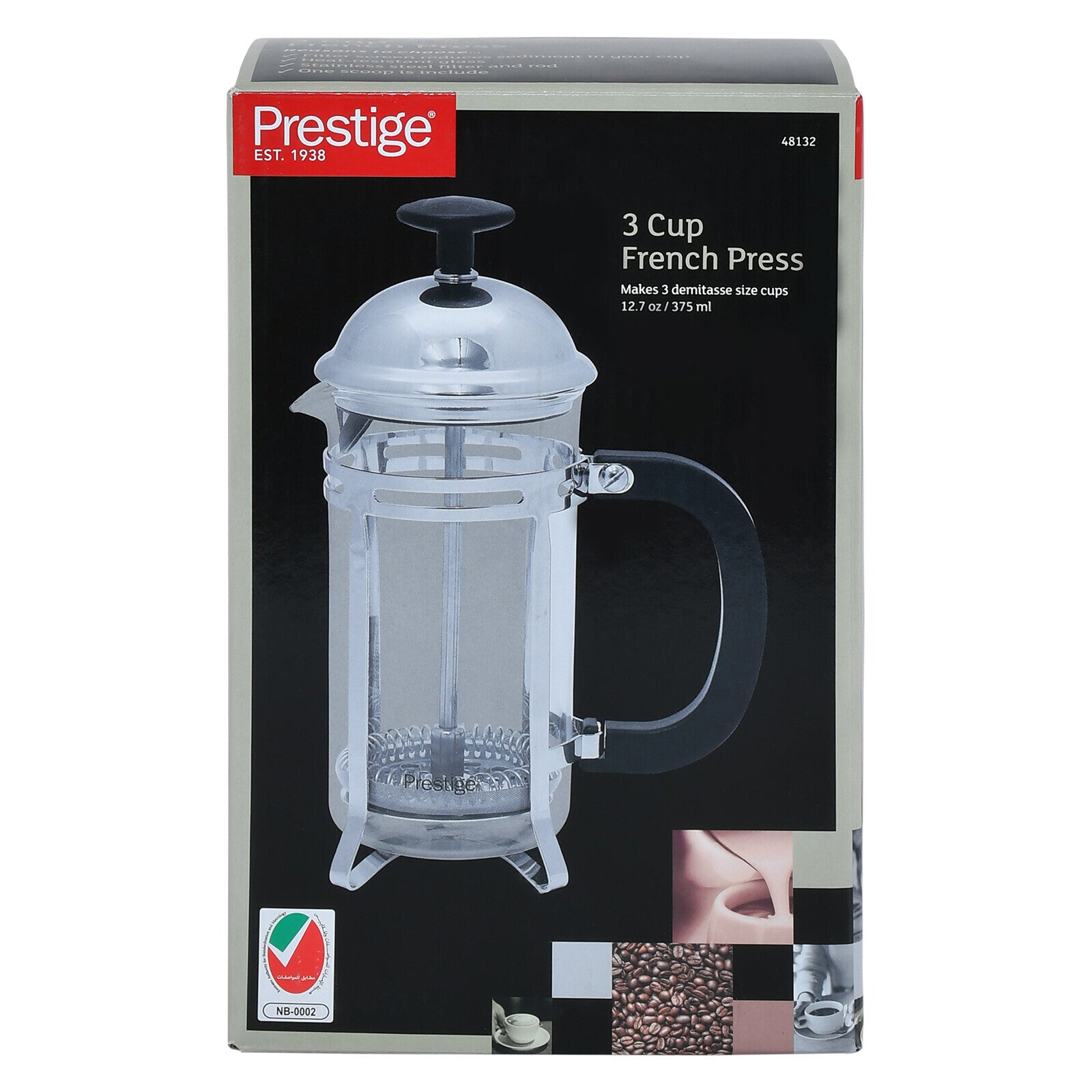 Prestige French Press Coffee Maker 3 Cups 375ml | Compact Glass French Press with Stainless Steel Filter | PR48132