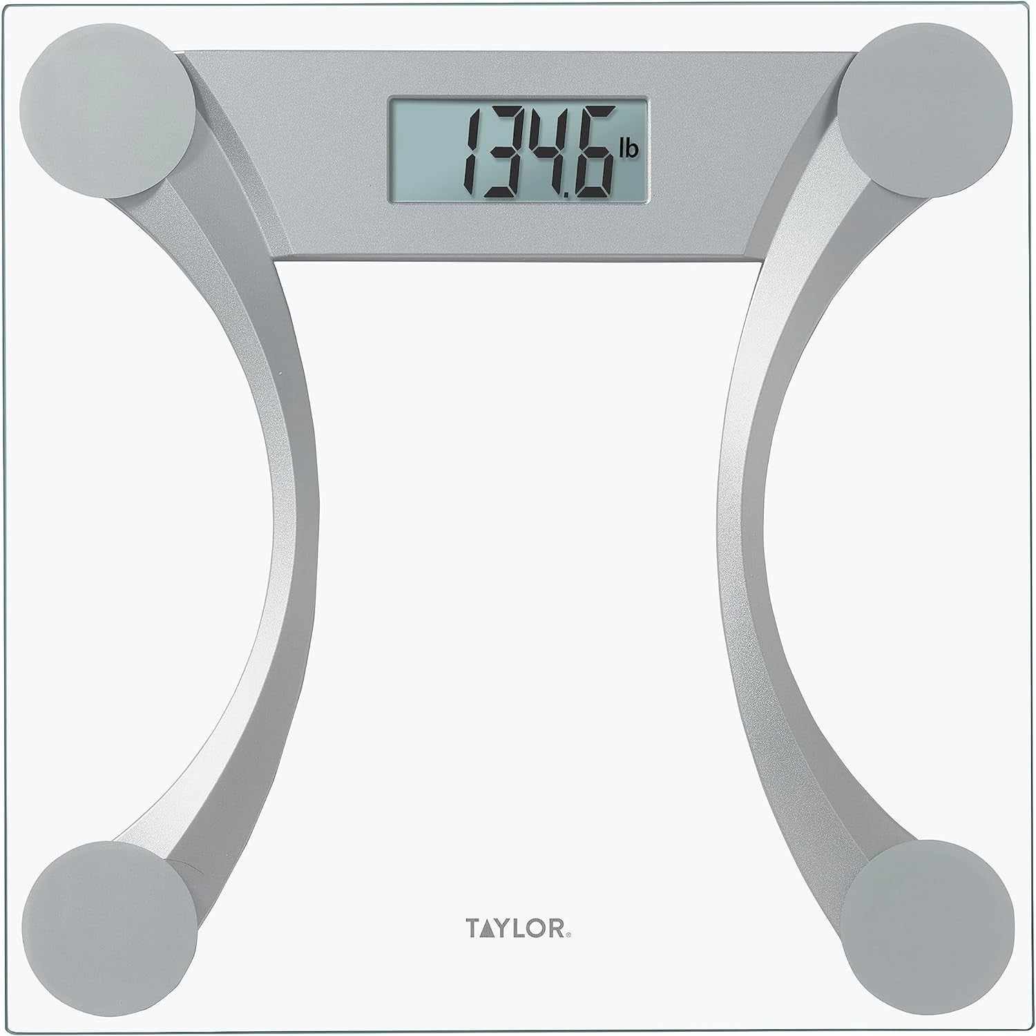 Taylor 400 Lb. Capacity Clear Glass Digital Bathroom Scale with Metallic Accents, 11.8-inch x 11.8-inch Platform, Silver