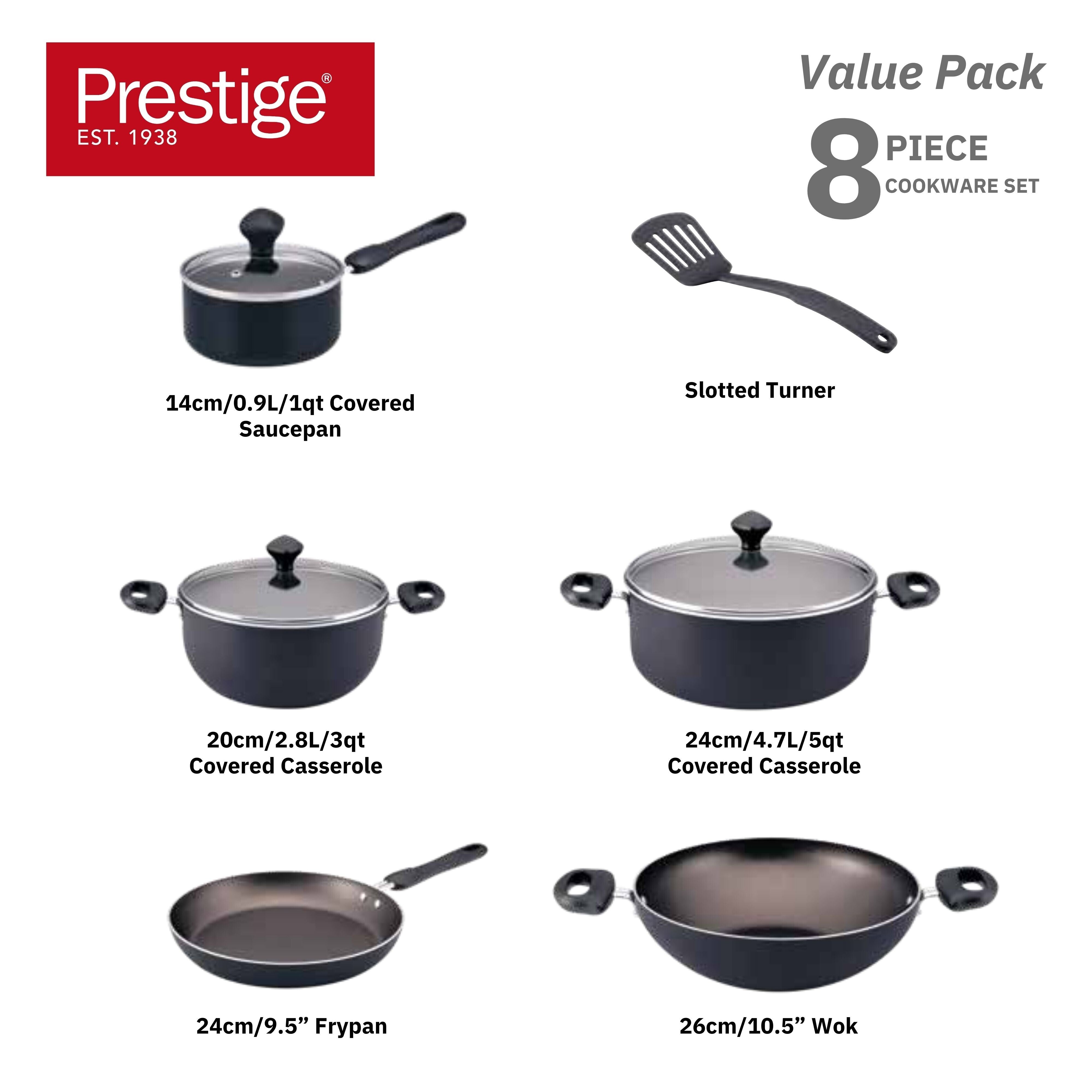 Prestige 8 Pcs Value Pack Cookware Set | Non-stick Pots and Pans Set | Cooking Set with Frying Pans, Saucepans, Saute Pan - PR22483