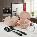 Prestige Essentials Granite 7 Piece Non-Stick Cast Aluminium Cookware Sets | Induction Compatible Pots and Pans Set | Pink - PR80961