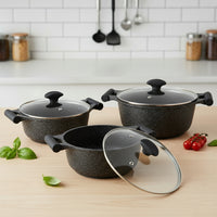 Prestige Essentials Pots and Pans Set | Granite 6 Piece Non-Stick Cast Aluminium Cookware set | Induction Base | Non Stick Cooking Set | Black PR80970