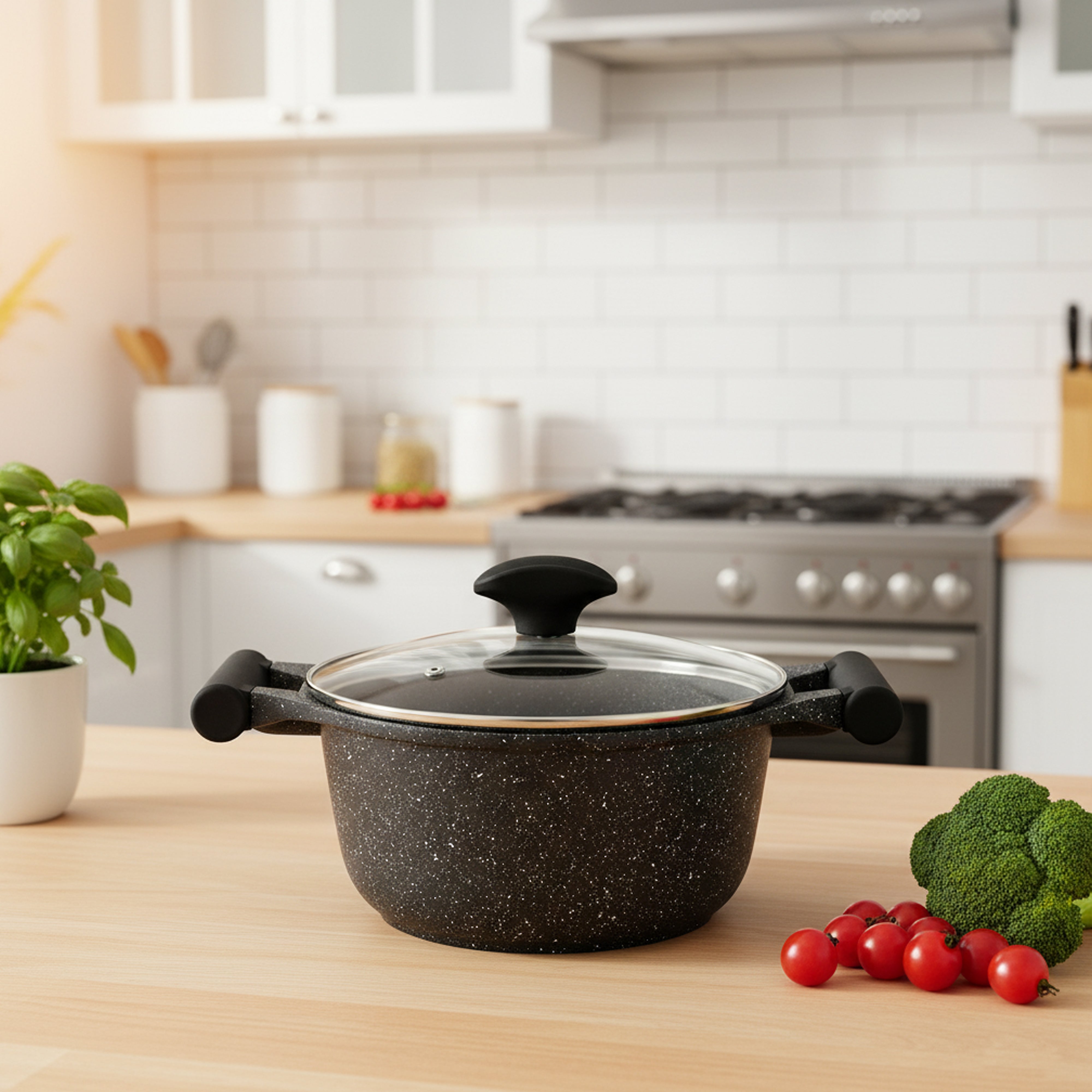 Prestige Essentials Granite 7 Piece Non-Stick Cast Aluminium Cookware Sets | Induction Compatible Pots and Pans Set | Black - PR80962