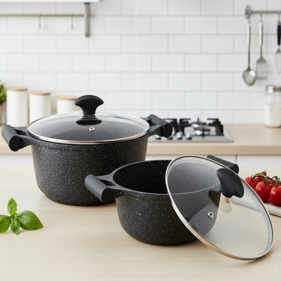 Prestige Essentials Pots and Pans Set | Granite 6 Piece Non-Stick Cast Aluminium Cookware set | Induction Base | Non Stick Cooking Set | Black PR80970