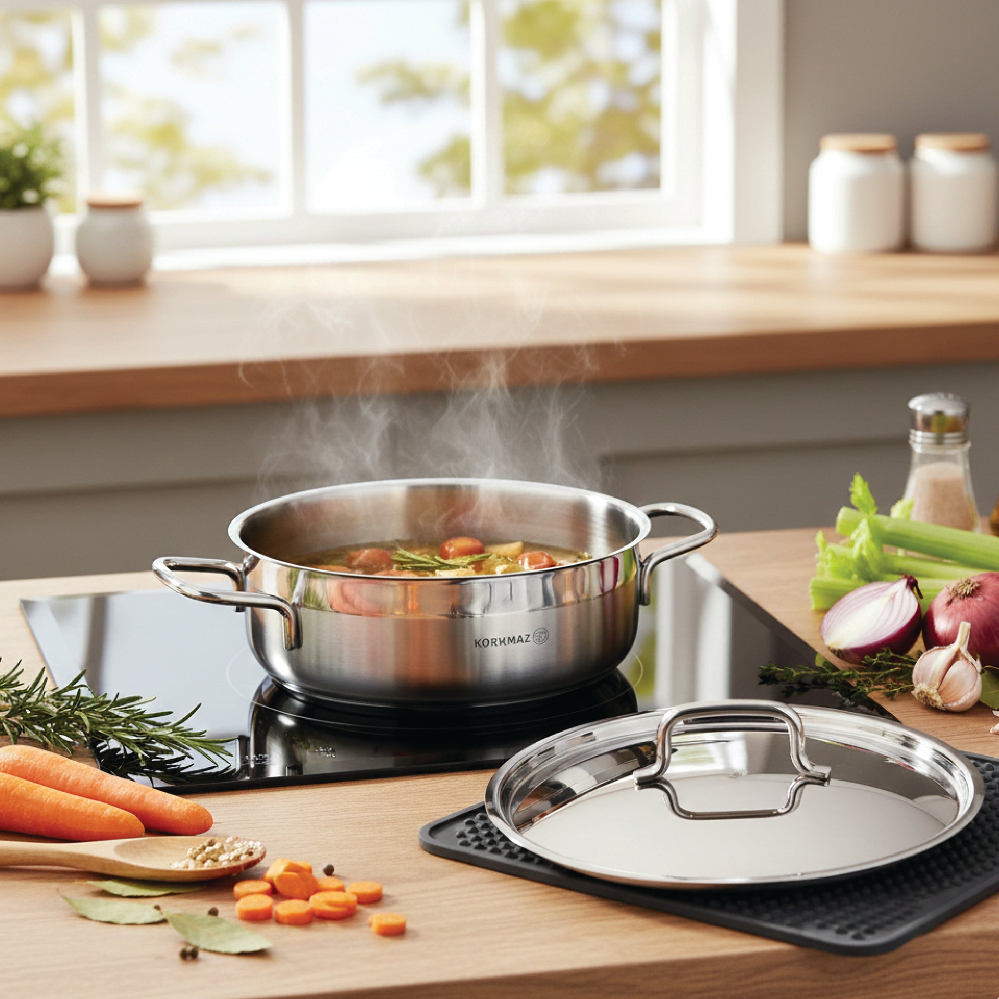 Korkmaz Alfa XL 11 Pieces Stainless Steel Cookware Set | Induction Compatible Tri-Ply Bottom Pots and Pans Set | Silver -KA1641