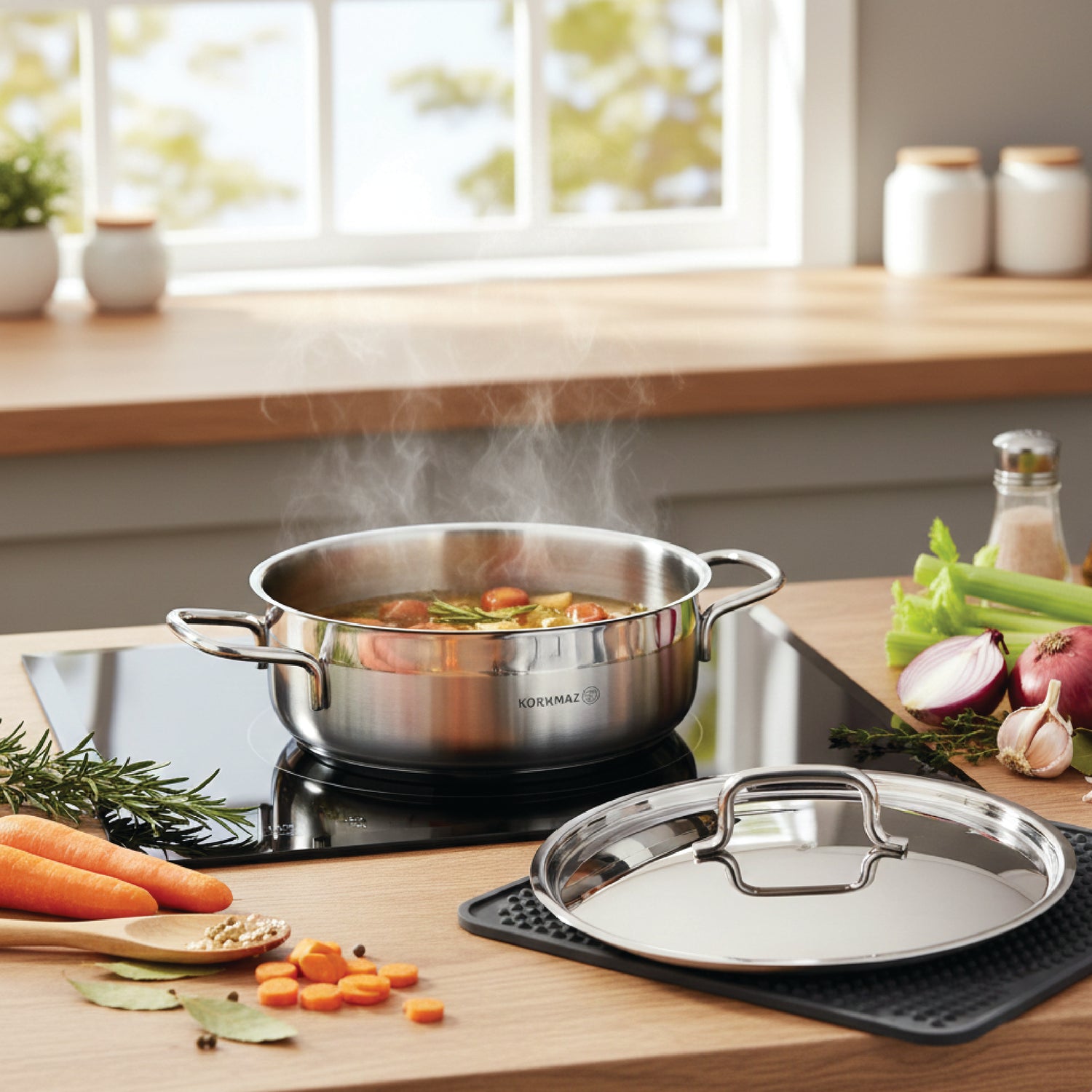 Korkmaz Alfa Plus 11 Pieces Stainless Steel Cookware Set | Induction Compatible Tri-Ply Bottom Pots and Pans Set | Silver - KA1610