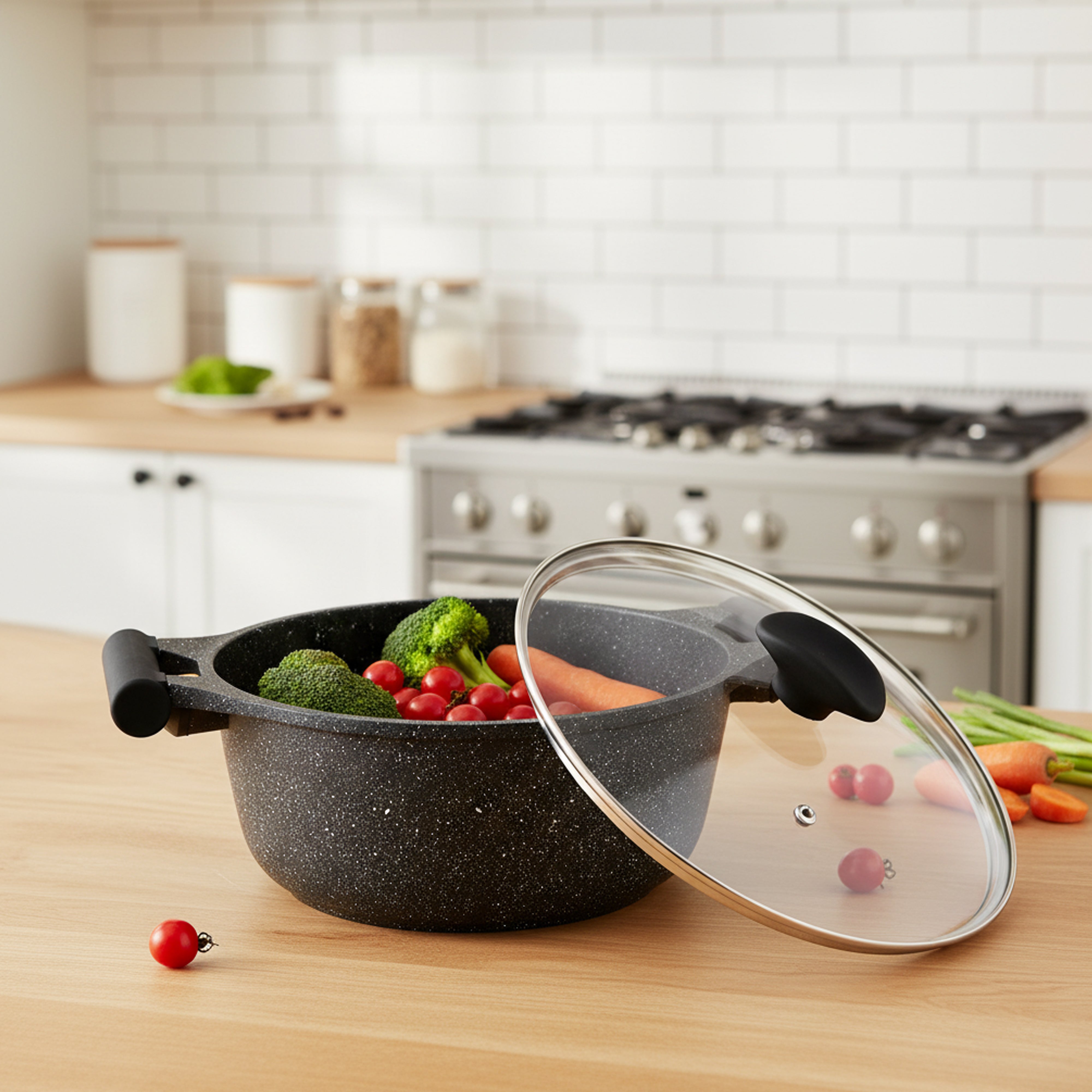 Prestige Essentials Granite 7 Piece Non-Stick Cast Aluminium Cookware Sets | Induction Compatible Pots and Pans Set | Black - PR80962