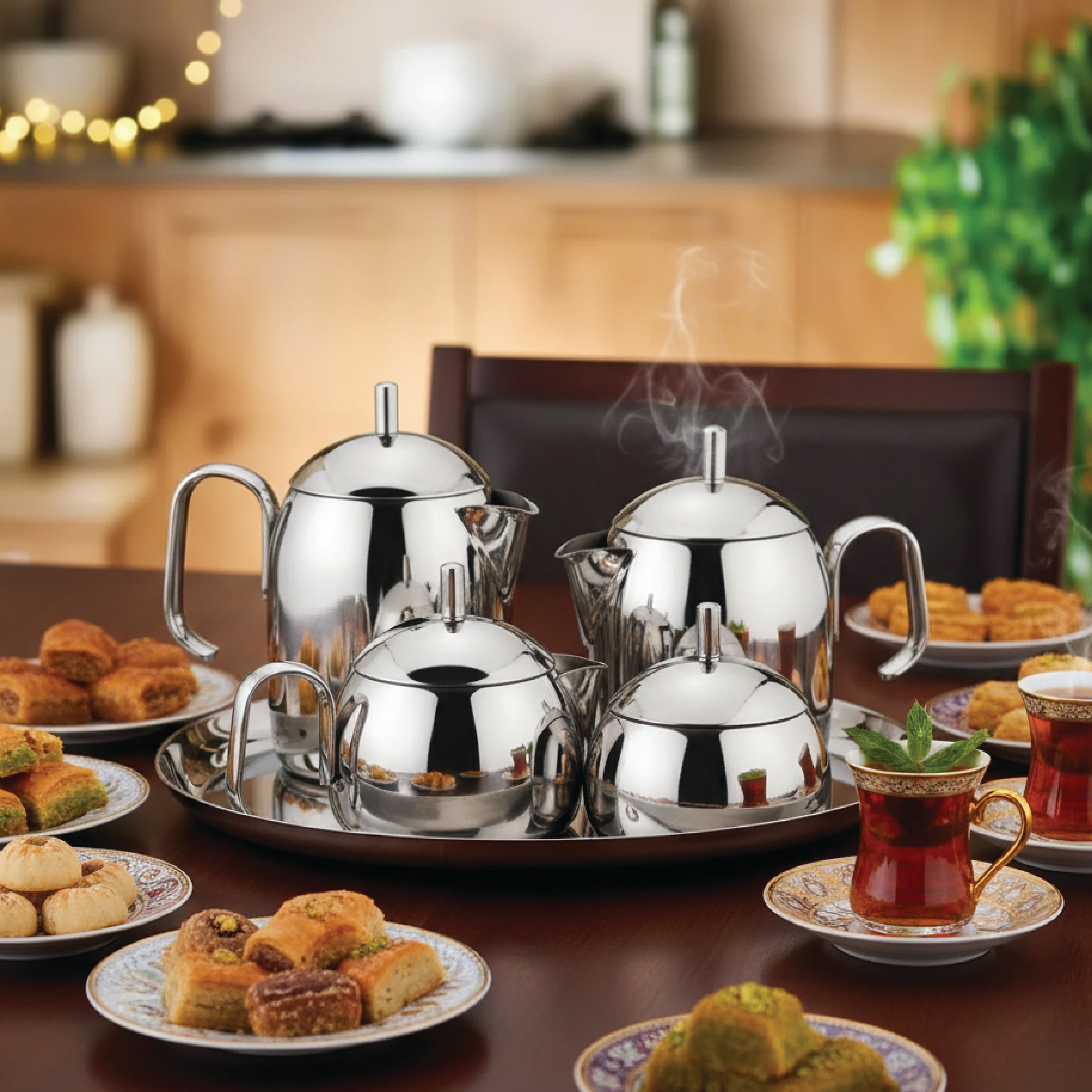 Korkmaz Pera 9 Pcs Tea & Coffee Set | Stainless Steel with Tray, Teapot, Coffee Pot, Milk Bowl, and Sugar Bowl | Silver - KA280