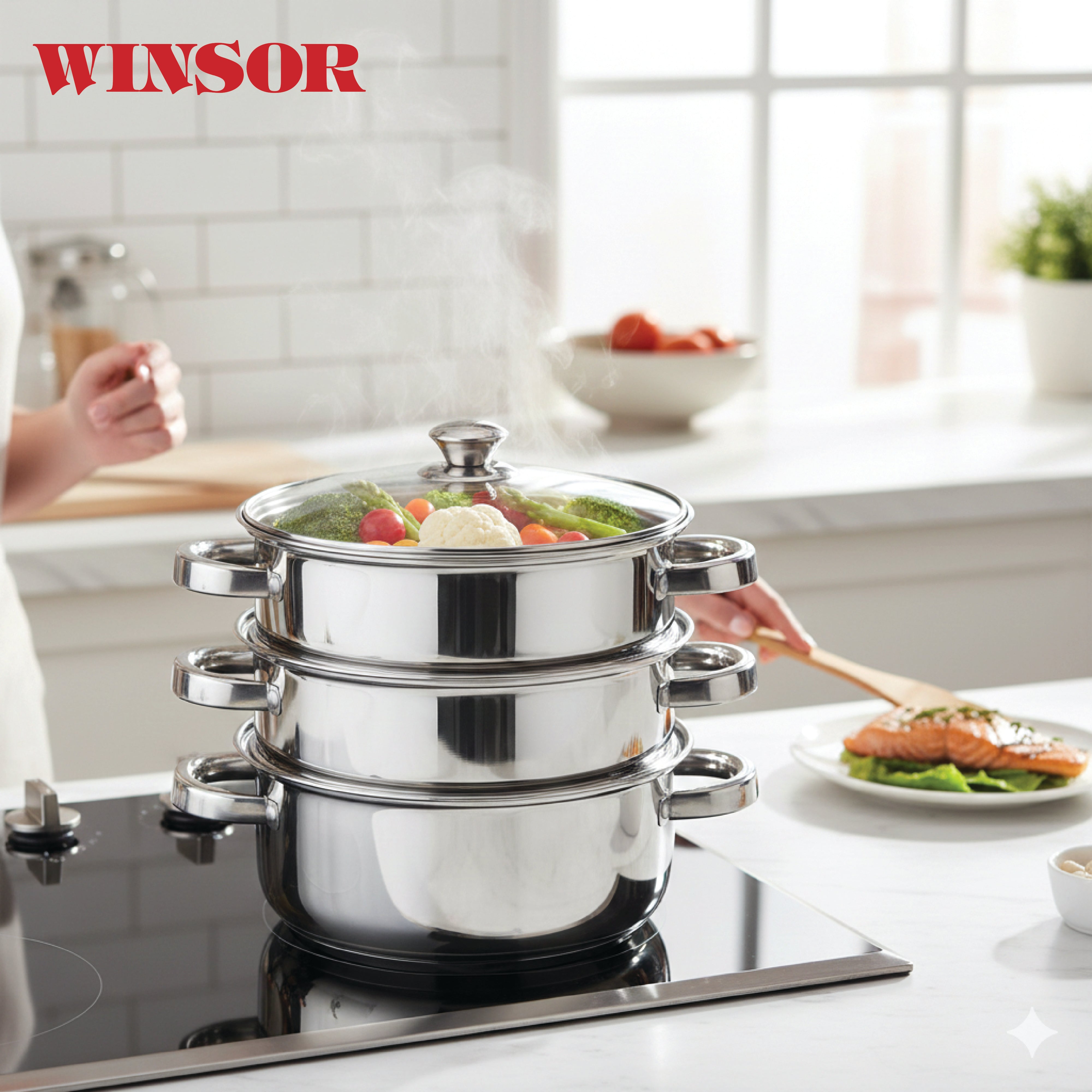 Winsor 3 Tier Stainless Steel Induction Steamer with Steam Vent Glass Lid 20CM (2.5 Ltr Capacity) | WR80843