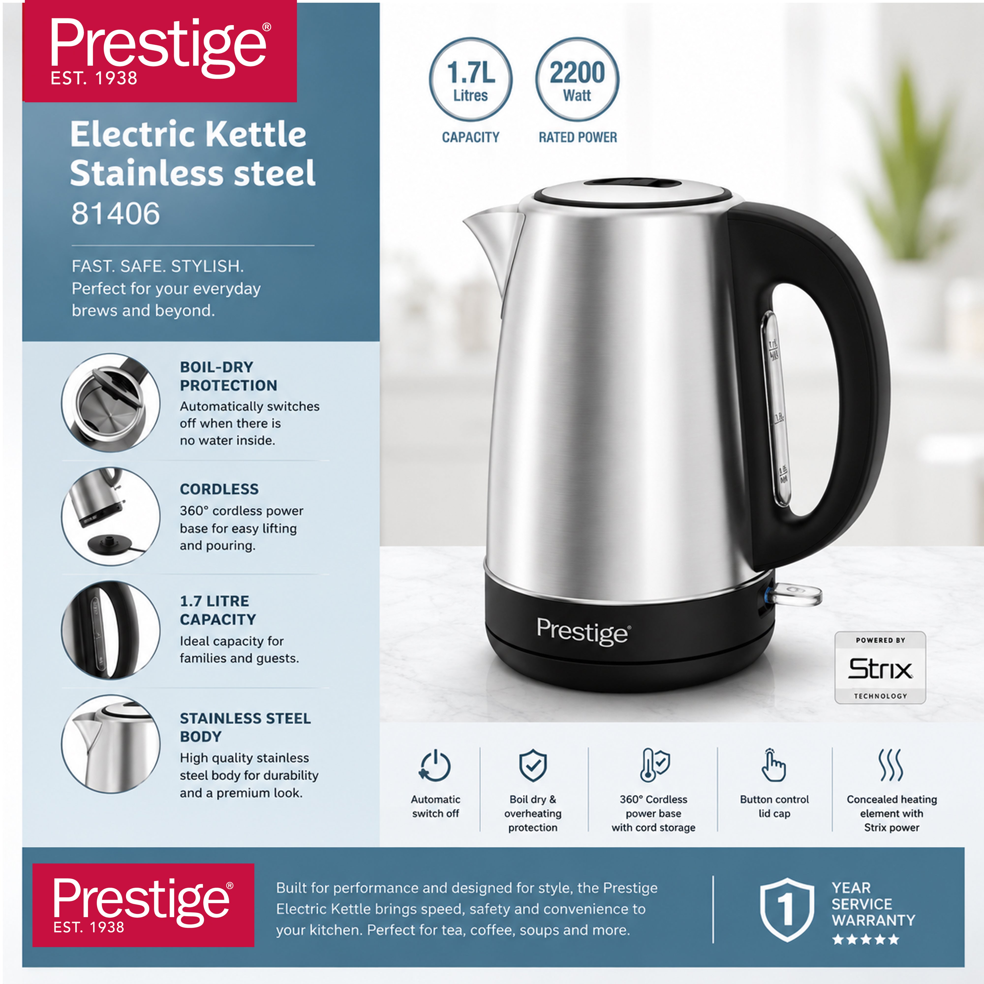 Prestige 1.7L Stainless Steel Electric Kettle With 2200W Power And Strix Technology | PR81406
