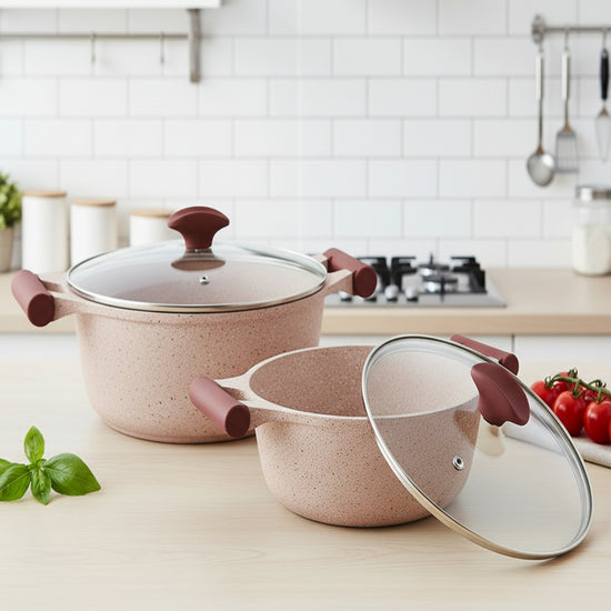Prestige Essentials Granite 12 Piece Non-Stick Cast Aluminium Cookware sets | Induction Compatible Pots and Pans Set | Pink - PR80964