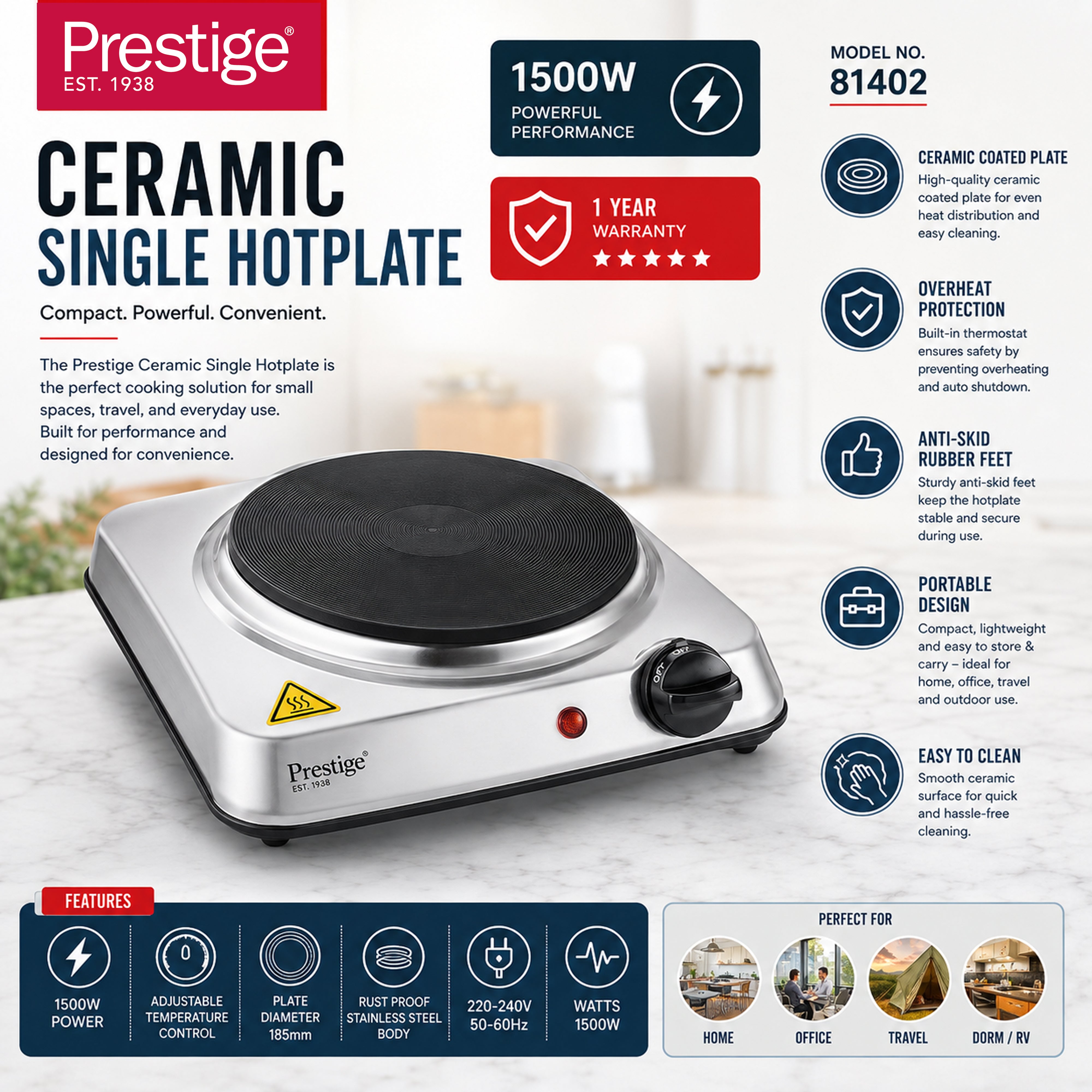 Prestige Ceramic Single Hotplate Stainless Steel Body With 185 Mm Heating Zone | 1500W - PR81402